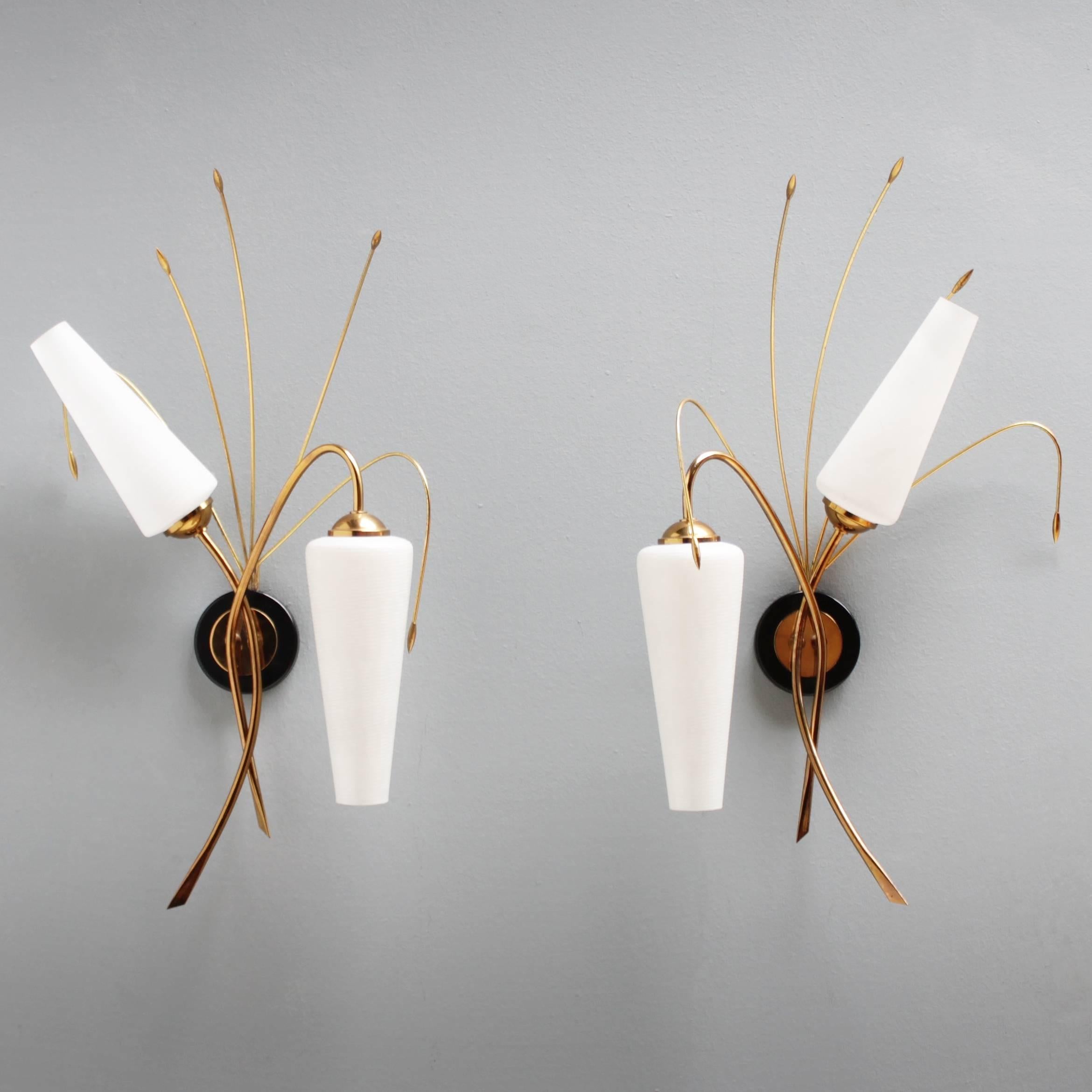 Pair of elegant French sconces attributed by Maison Arlus. Each sconce has two bayonet bulbs (BA15d, IEC 7004-11 A, DIN 49720). With beautiful brass details.
Dimensions: Height 22.8 in. (58 cm), depth 5.9 in. (15 cm) and width 13.8 inches (35 cm).