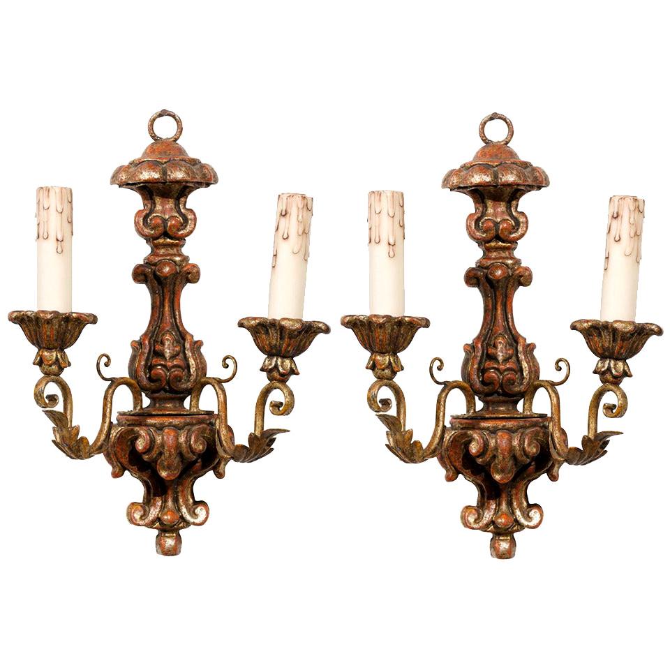 Pair of French Mid 18th Century Rococo Period Giltwood Two-Light Sconces