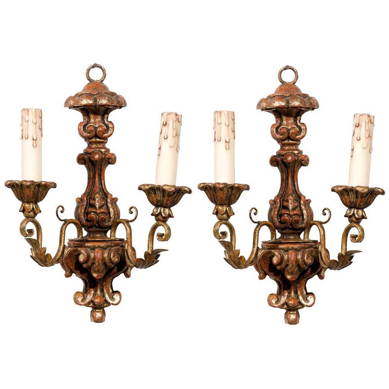 Pair of French Mid 18th Century Rococo Period Giltwood Two-Light Sconces For Sale