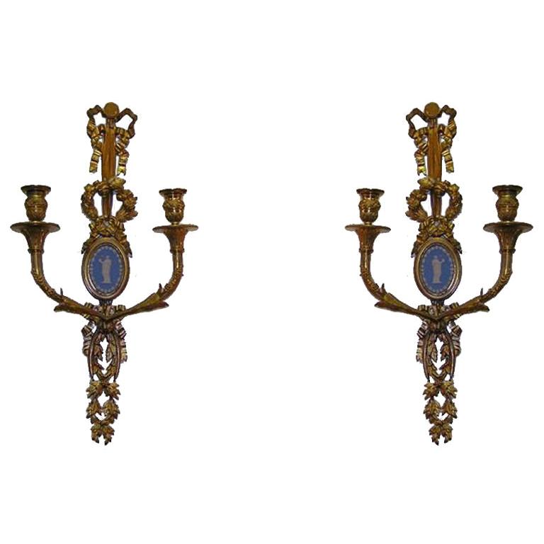 Pair of French Gilt Bronze and Figural Jasper Ware Two Arm Wall Sconces, C. 1790