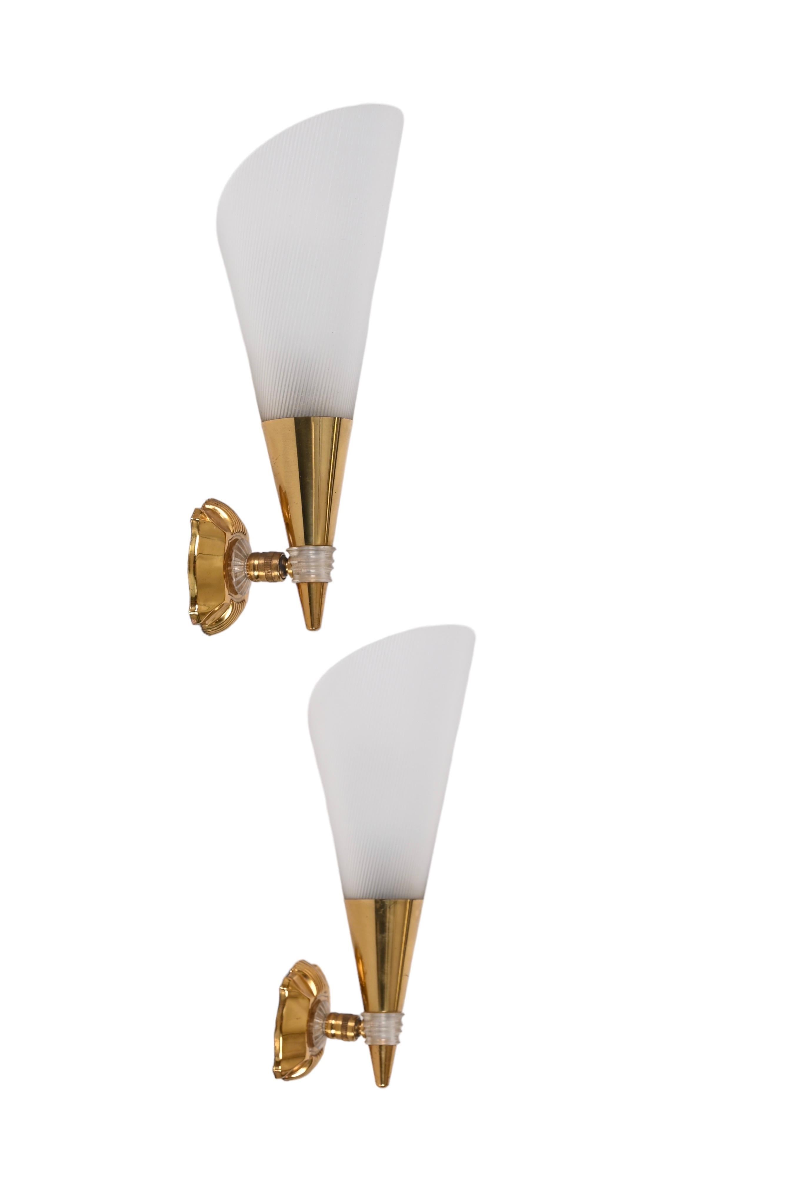 Pair of French Sconces in Brass and White Perspex, France 1950s 5