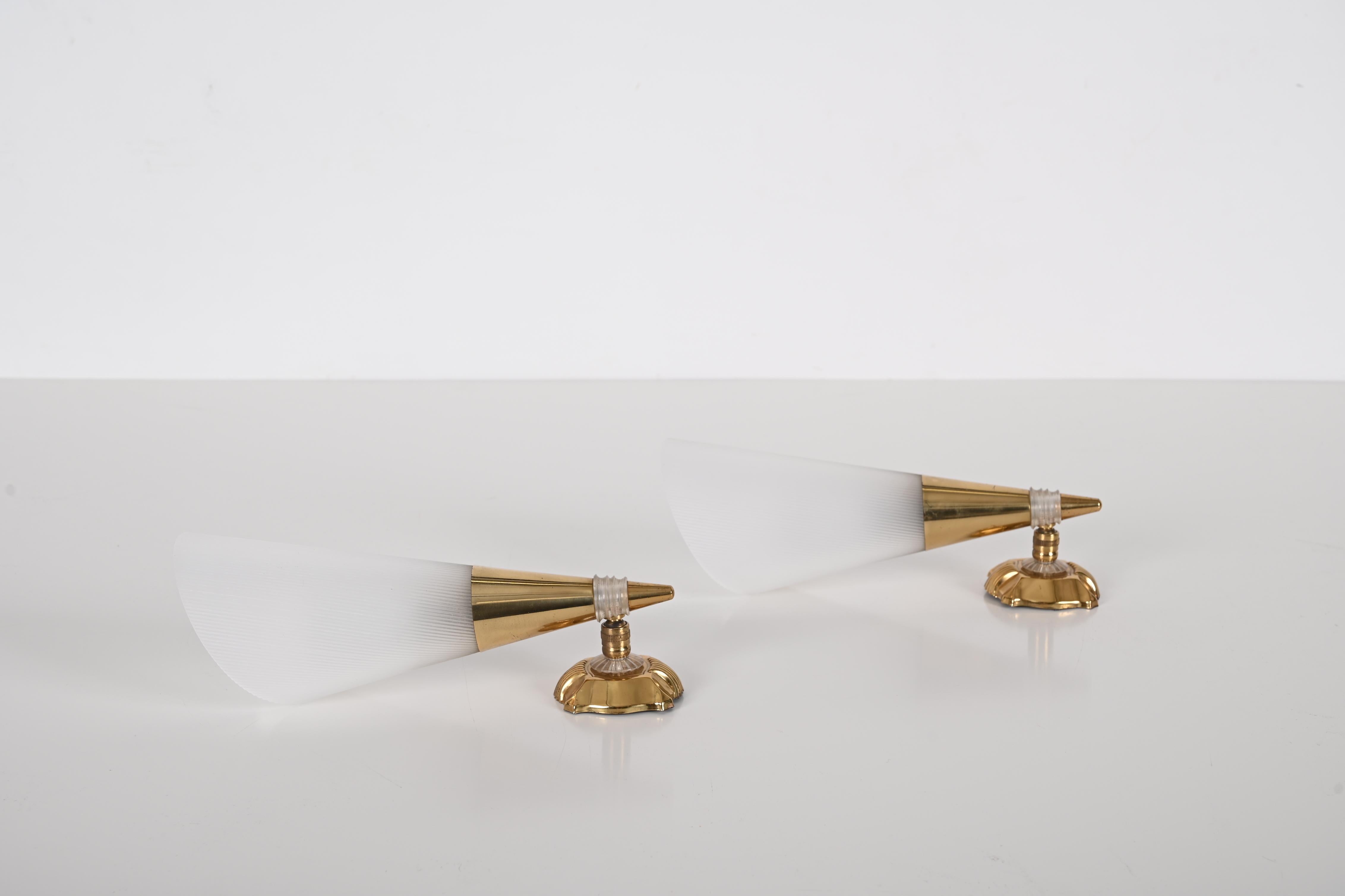 Pair of French Sconces in Brass and White Perspex, France 1950s 6