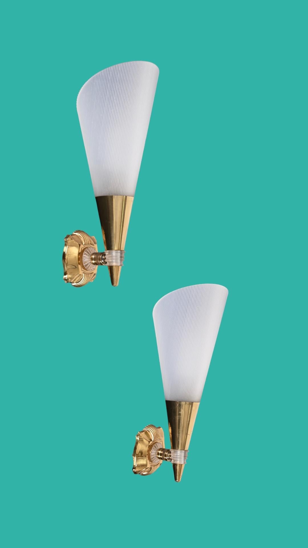 Pair of French Sconces in Brass and White Perspex, France 1950s 9