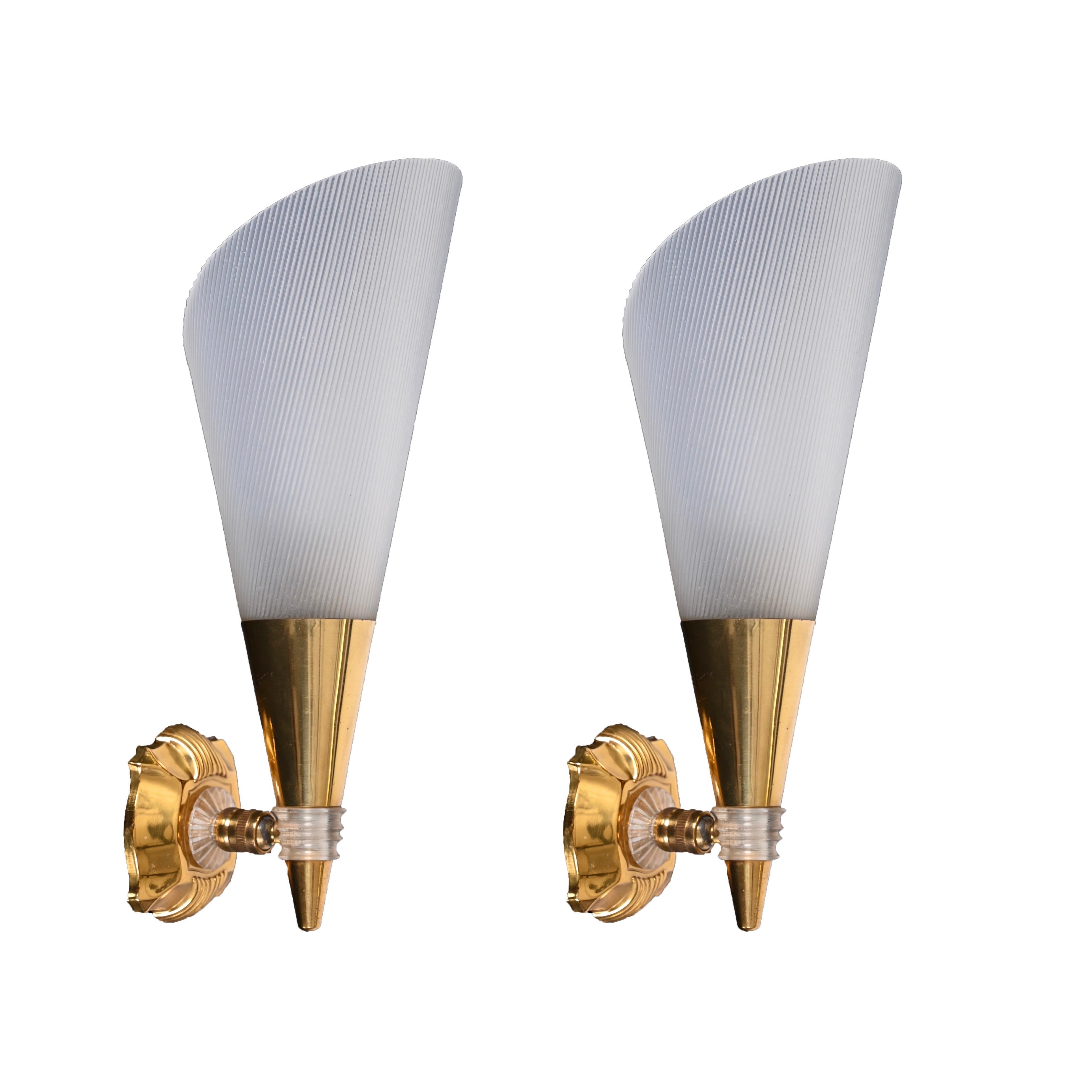 Pair of French Sconces in Brass and White Perspex, France 1950s 10