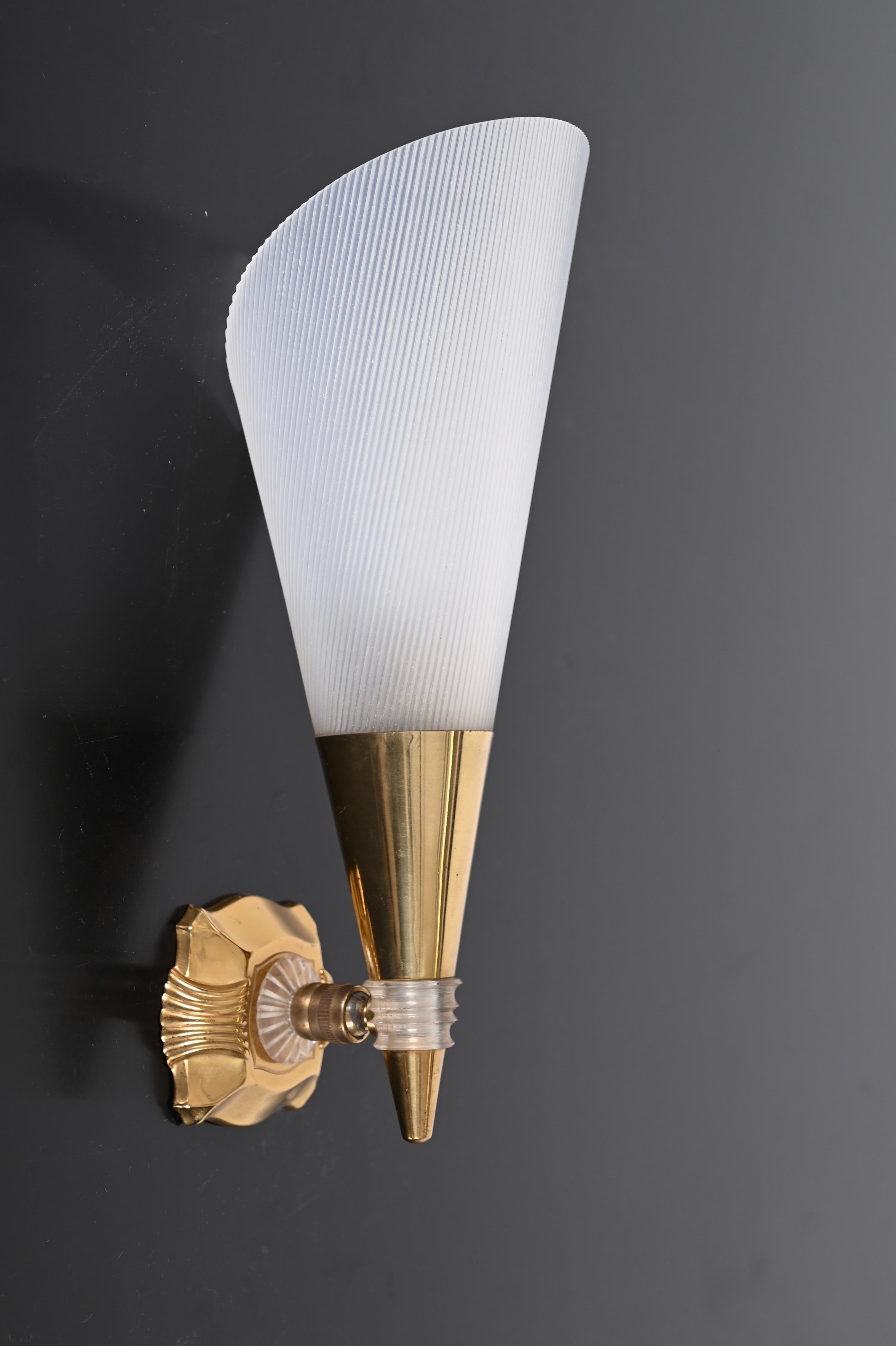 Pair of French Sconces in Brass and White Perspex, France 1950s 11