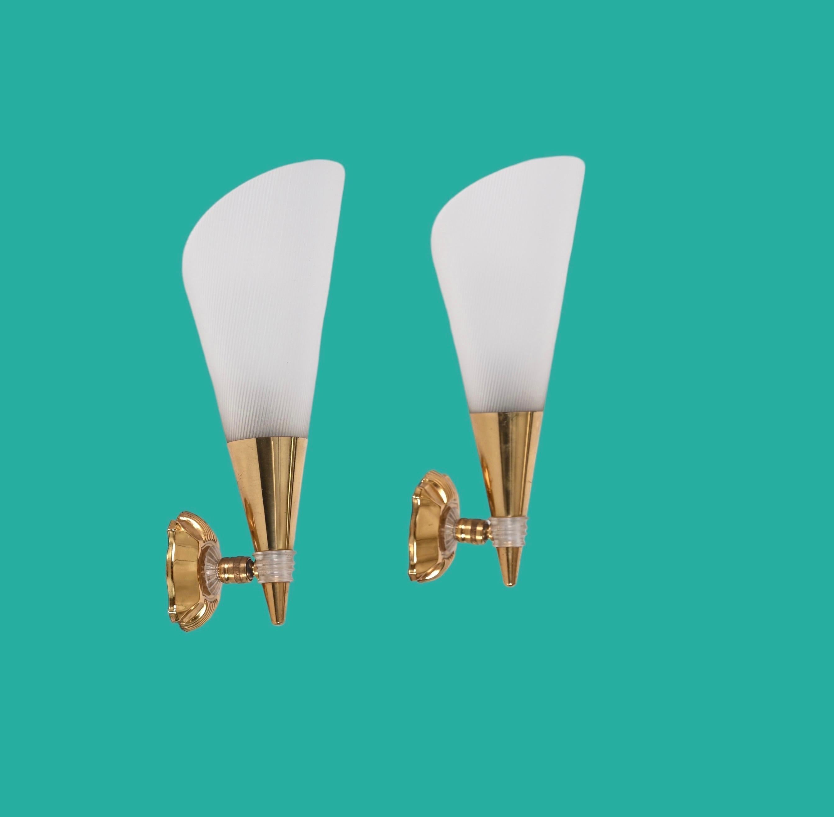 Pair of French Sconces in Brass and White Perspex, France 1950s 12