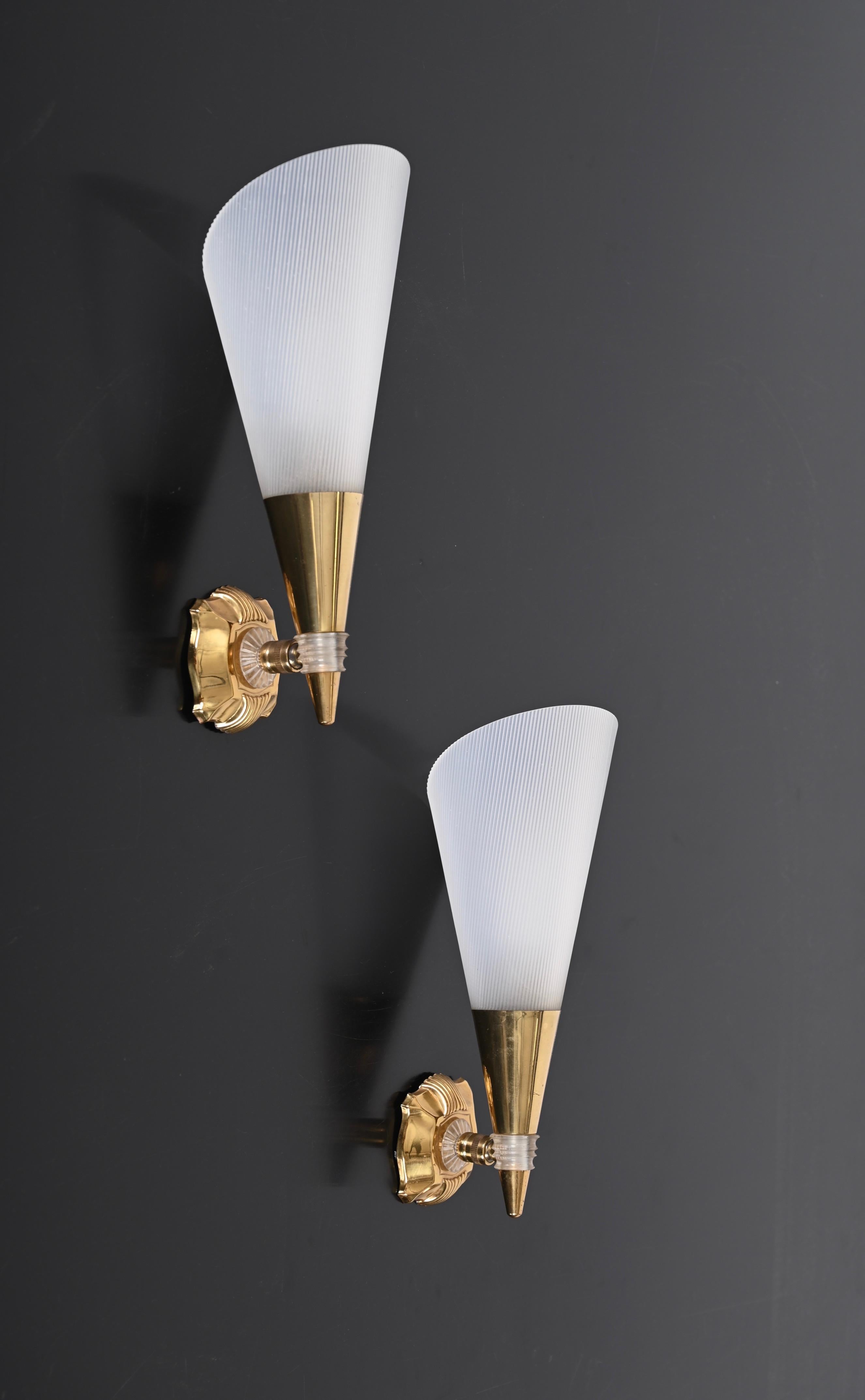 20th Century Pair of French Sconces in Brass and White Perspex, France 1950s