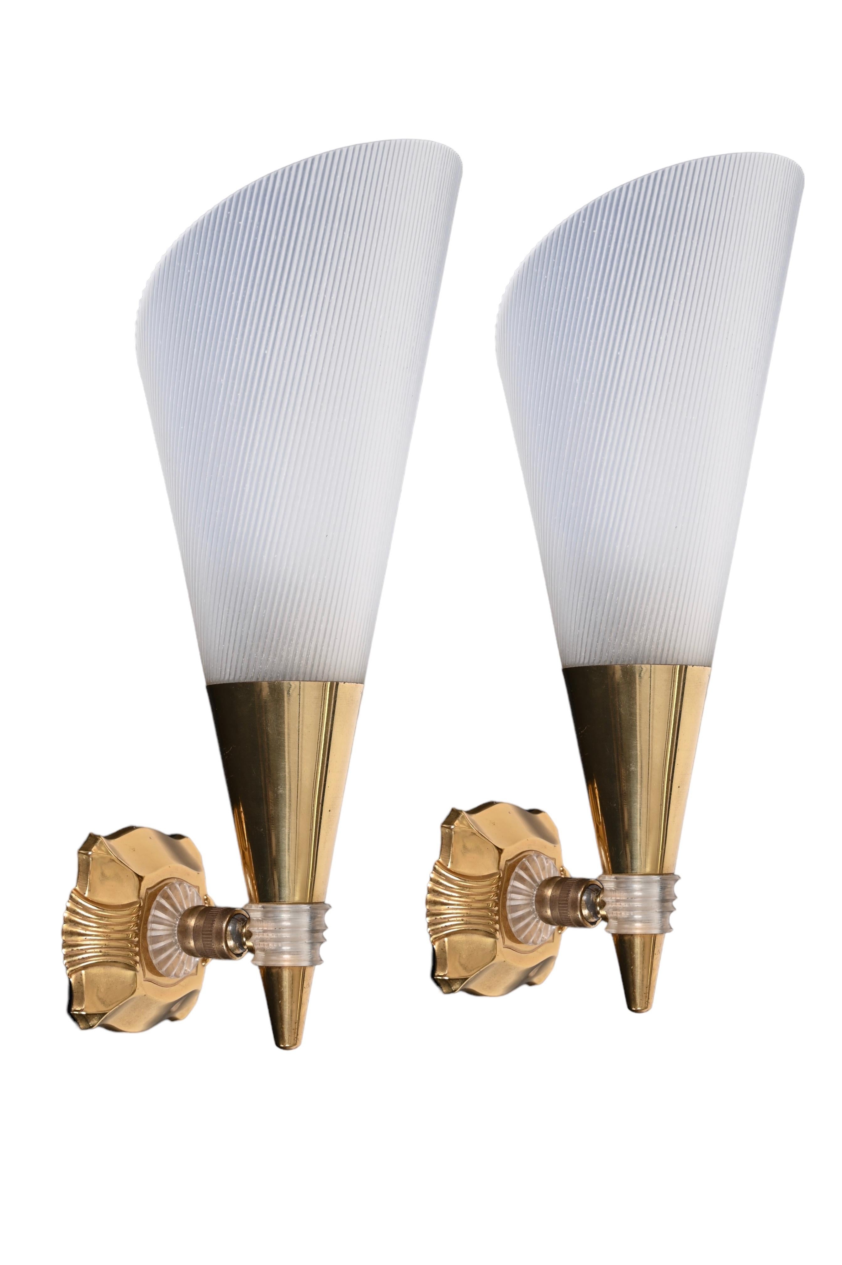 Pair of French Sconces in Brass and White Perspex, France 1950s 2