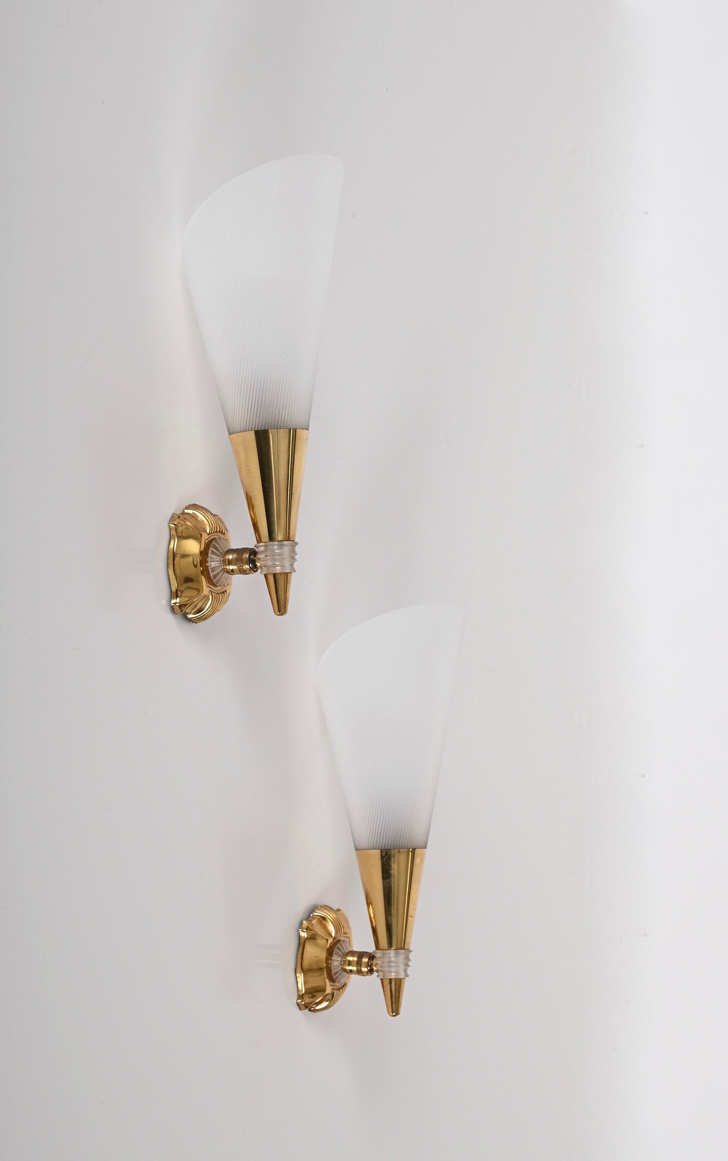 Pair of French Sconces in Brass and White Perspex, France 1950s 3