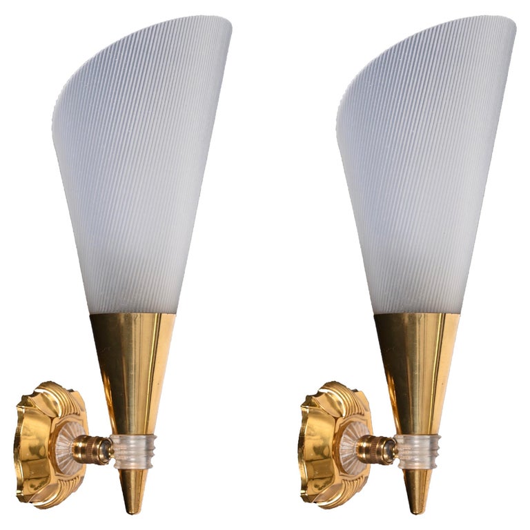Pair of French Sconces in Brass and White Perspex, France 1950s For