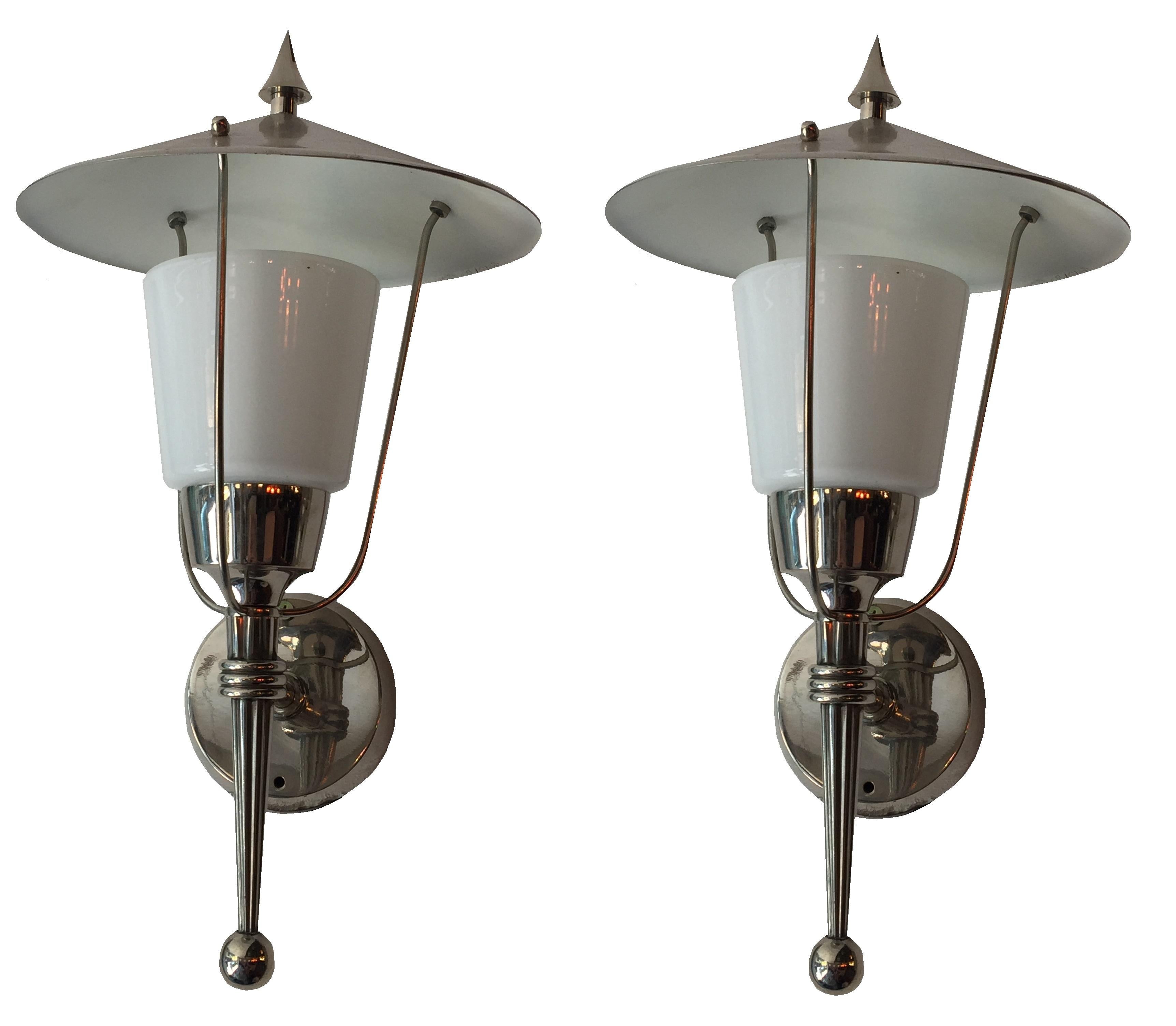 Pair of French Sconces in Opaline and Chrome For Sale