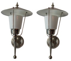 Pair of French Sconces in Opaline and Chrome