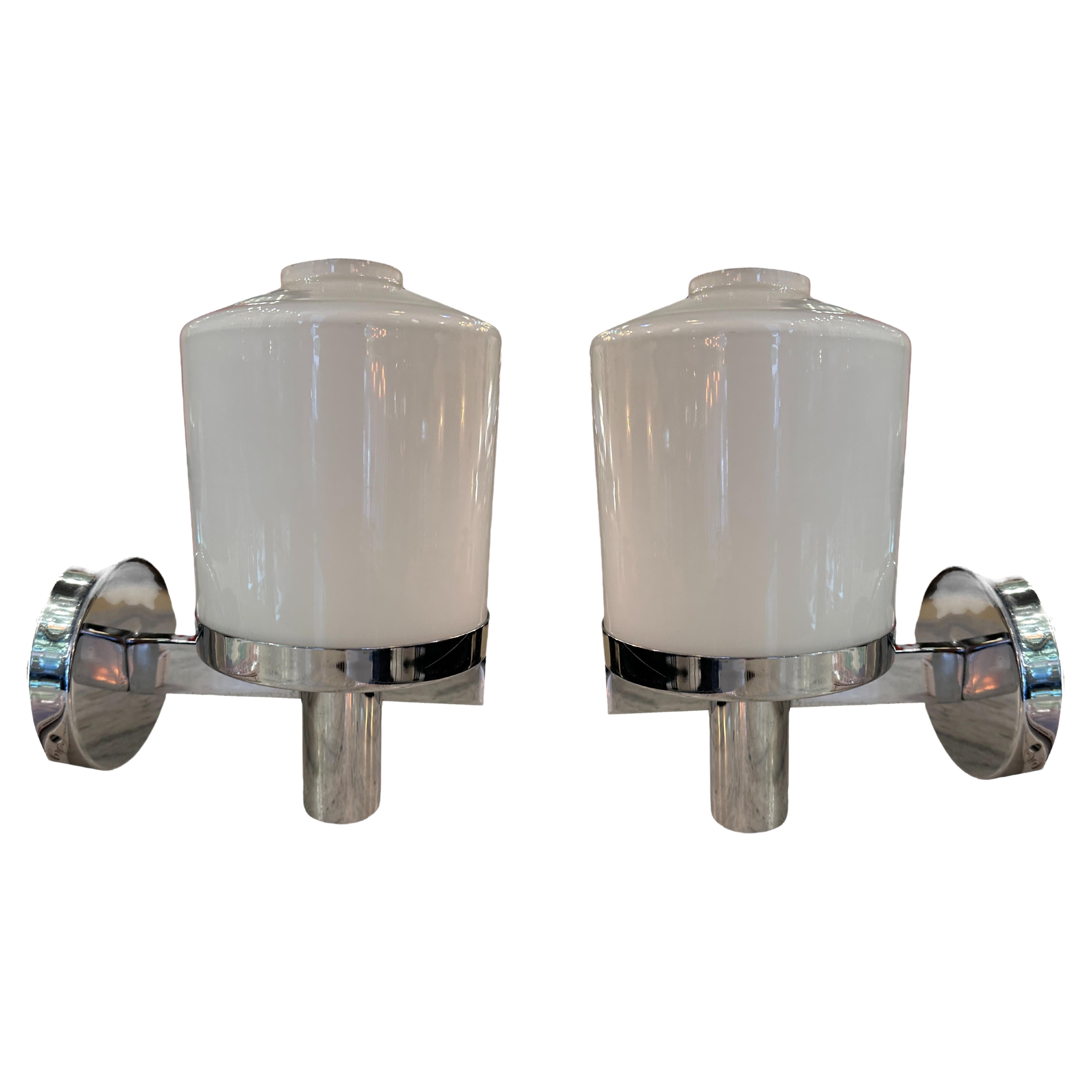 Pair of French Sconces in Opaline and Chrome, Style: Art Deco For Sale
