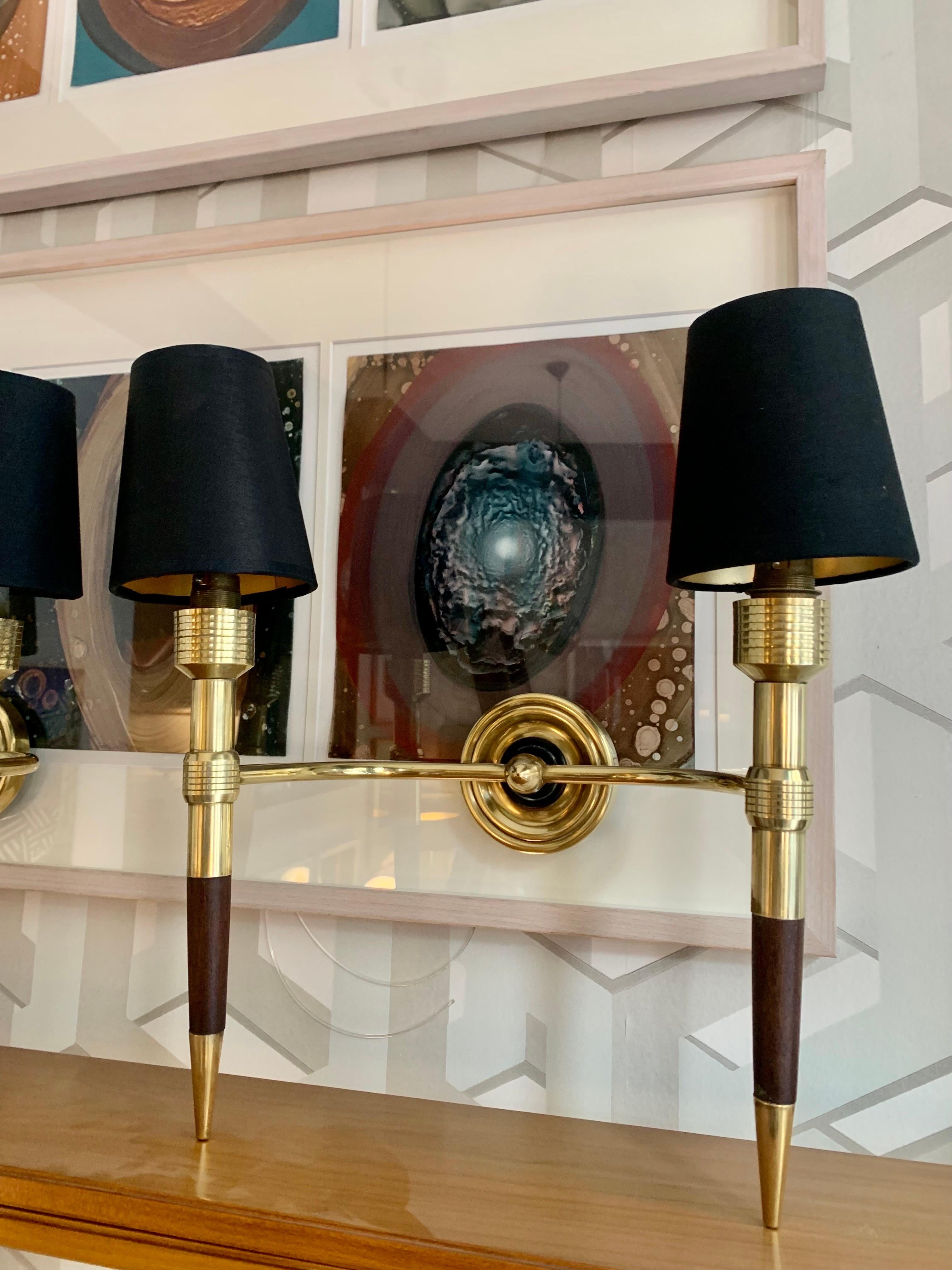 Pair of French Sconces Maison Lancel Double Light Brass and Wood For Sale 5
