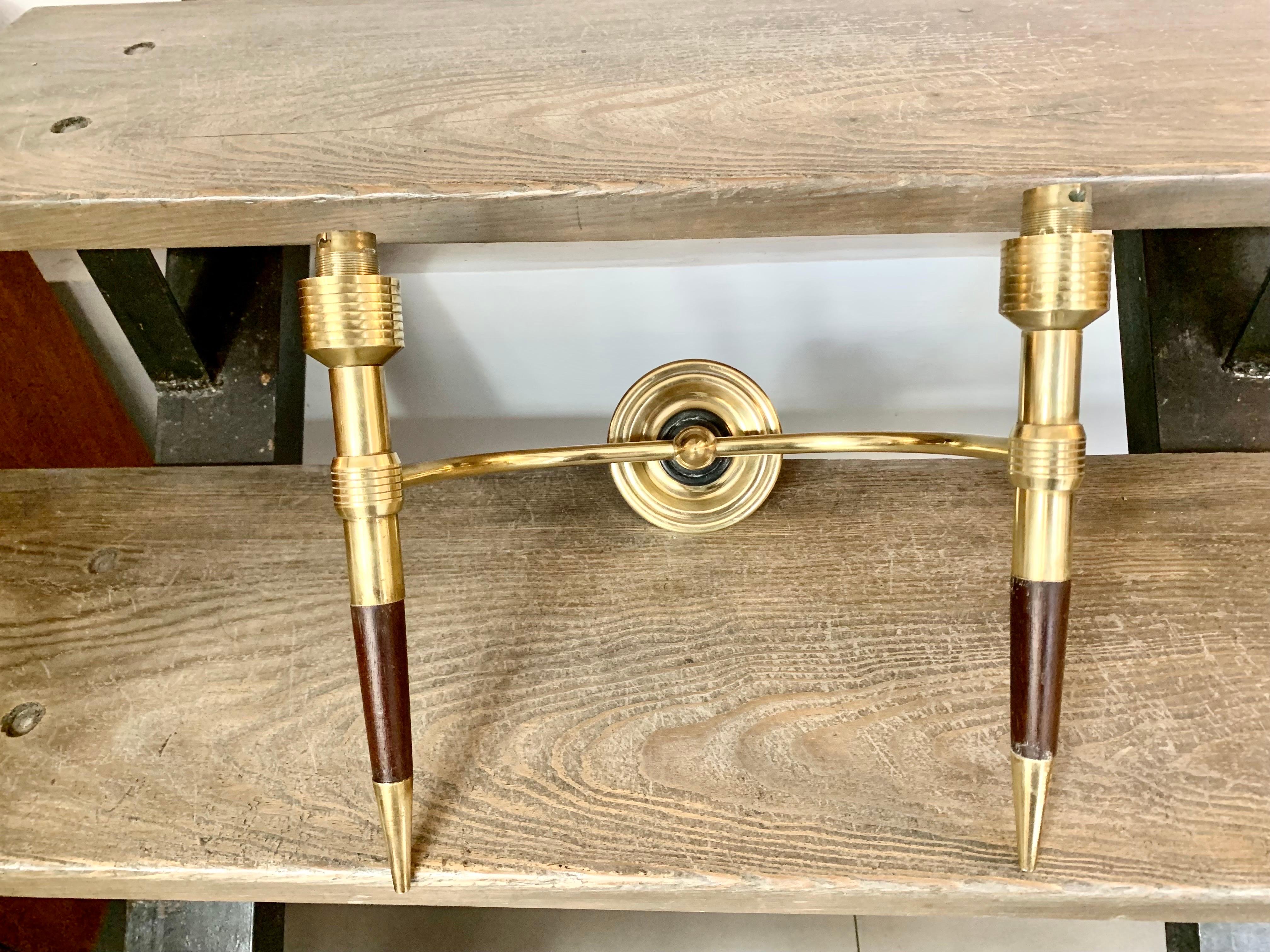 Pair of French Sconces Maison Lancel Double Light Brass and Wood For Sale 8