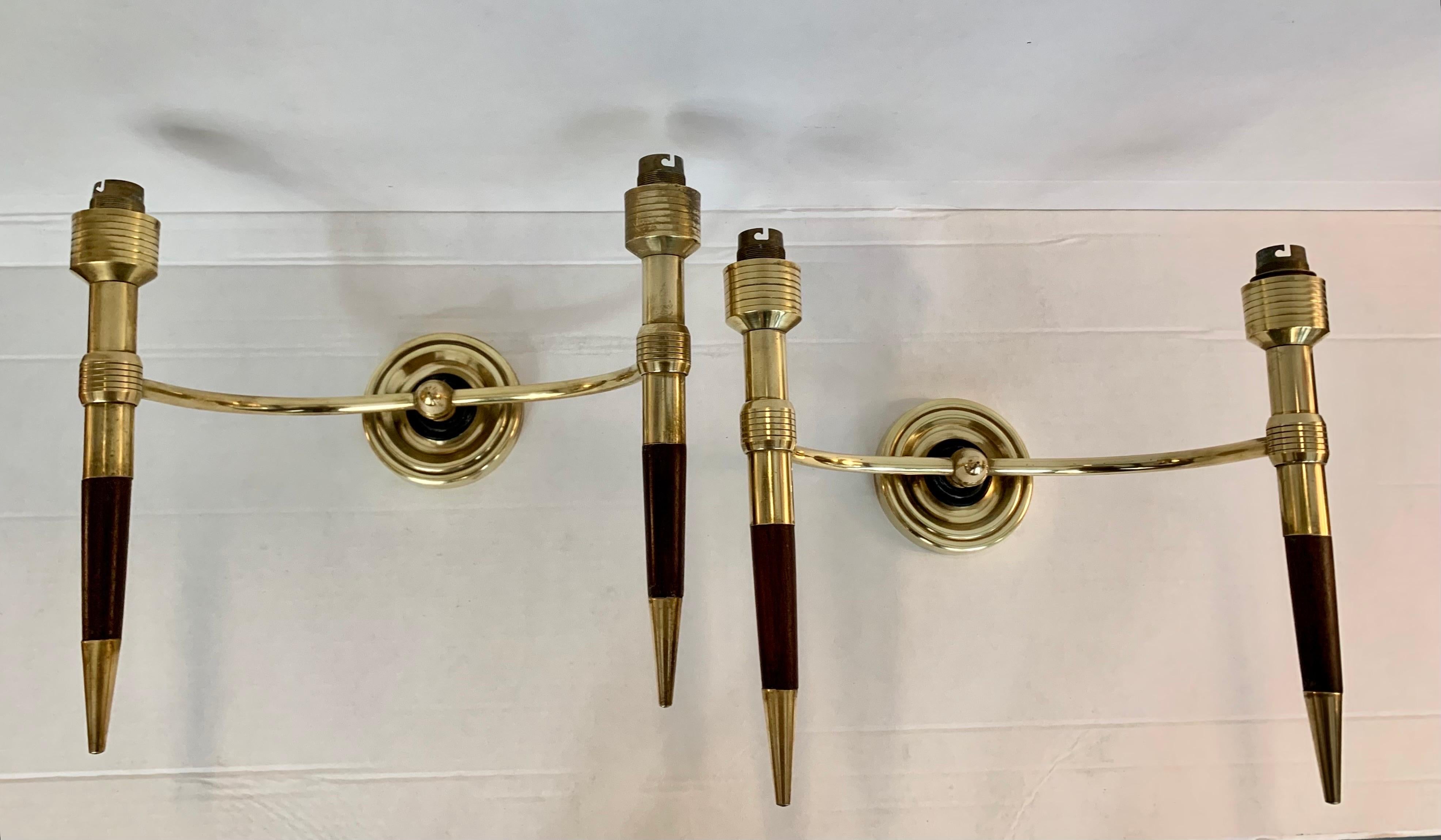 Pair of French Sconces Maison Lancel Double Light Brass and Wood For Sale 9