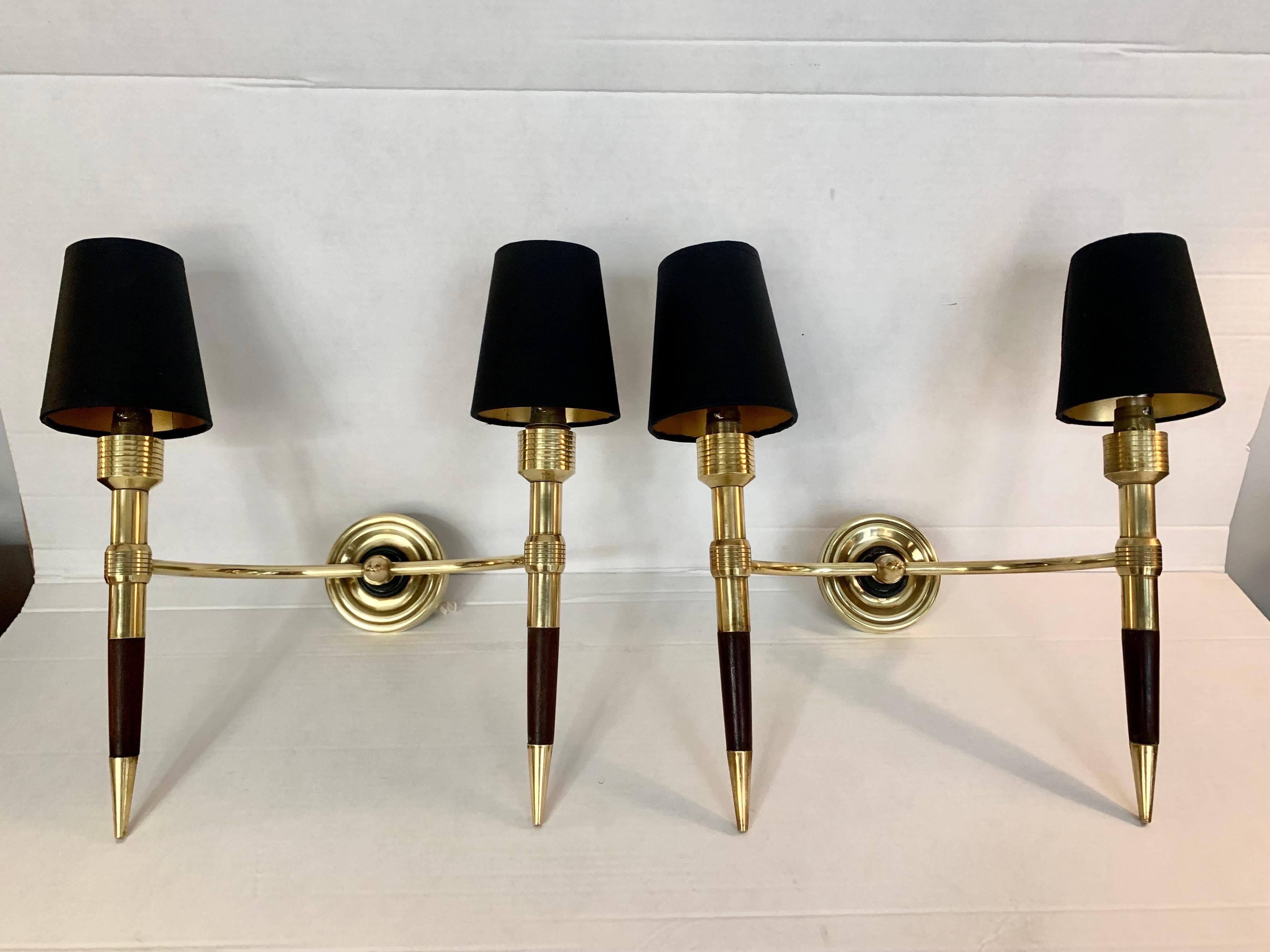 Pair of French Sconces Maison Lancel Double Light Brass and Wood For Sale 11