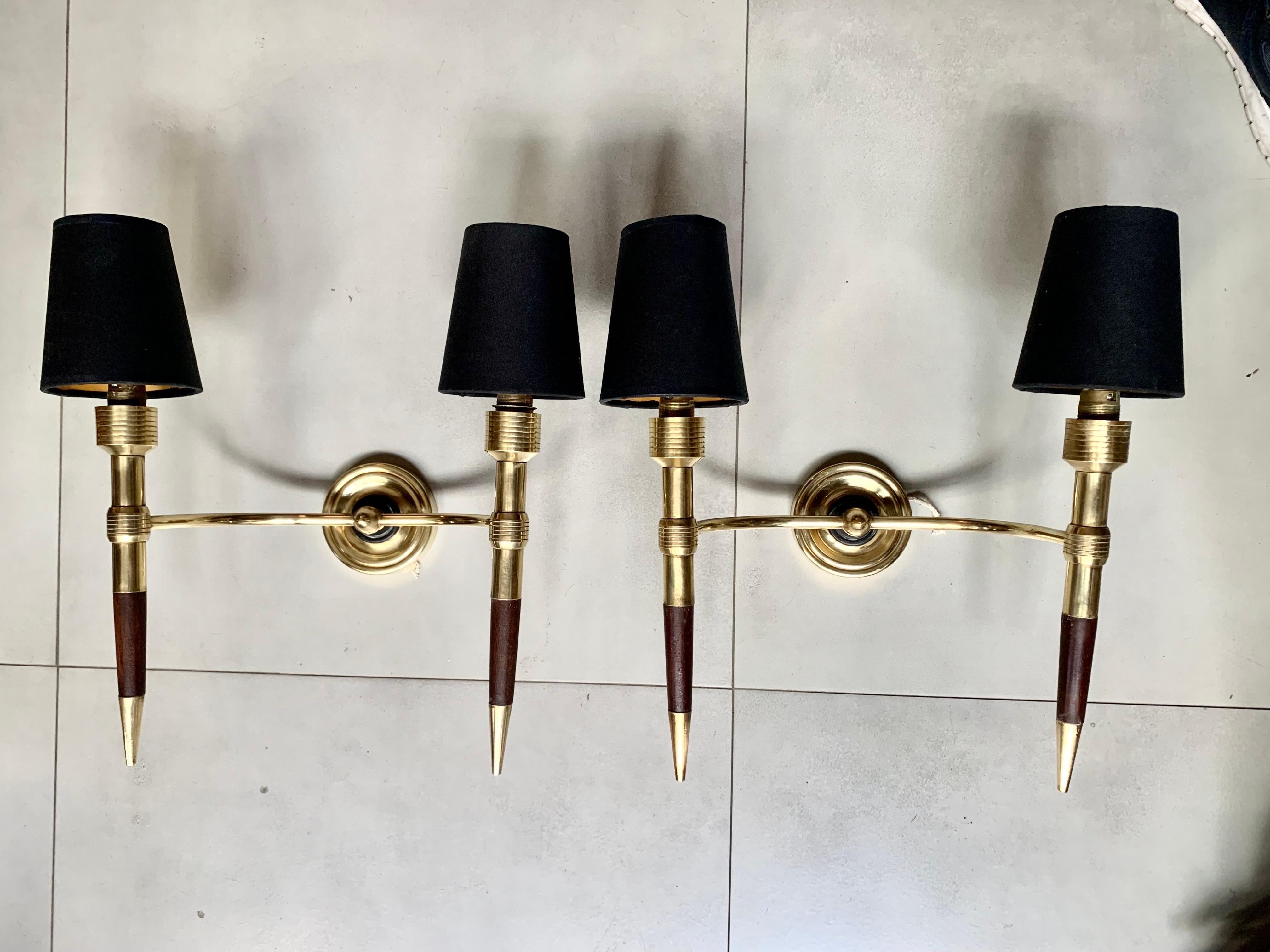 Pair of French Sconces Maison Lancel Double Light Brass and Wood For Sale 12