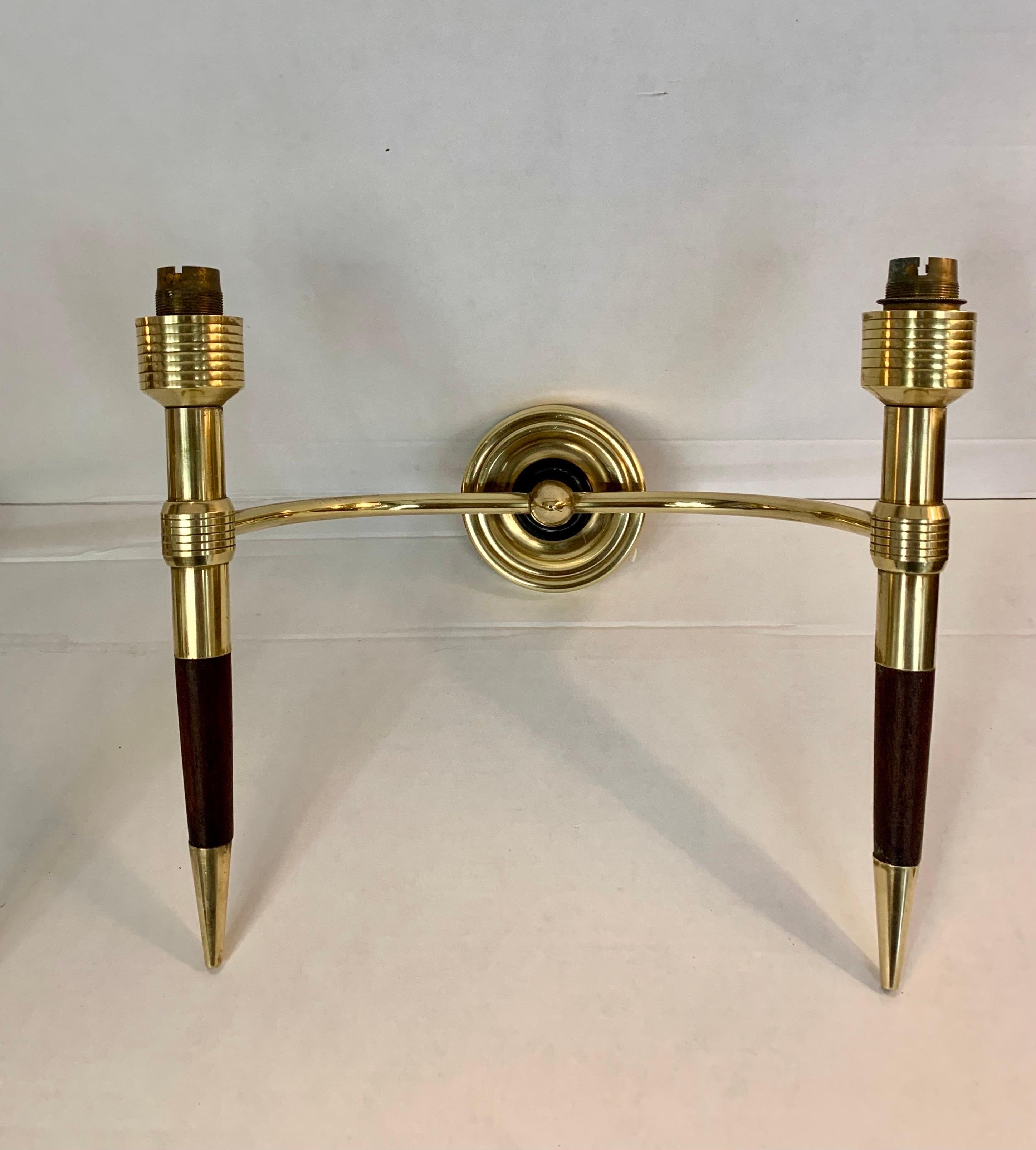 Lacquered Pair of French Sconces Maison Lancel Double Light Brass and Wood For Sale