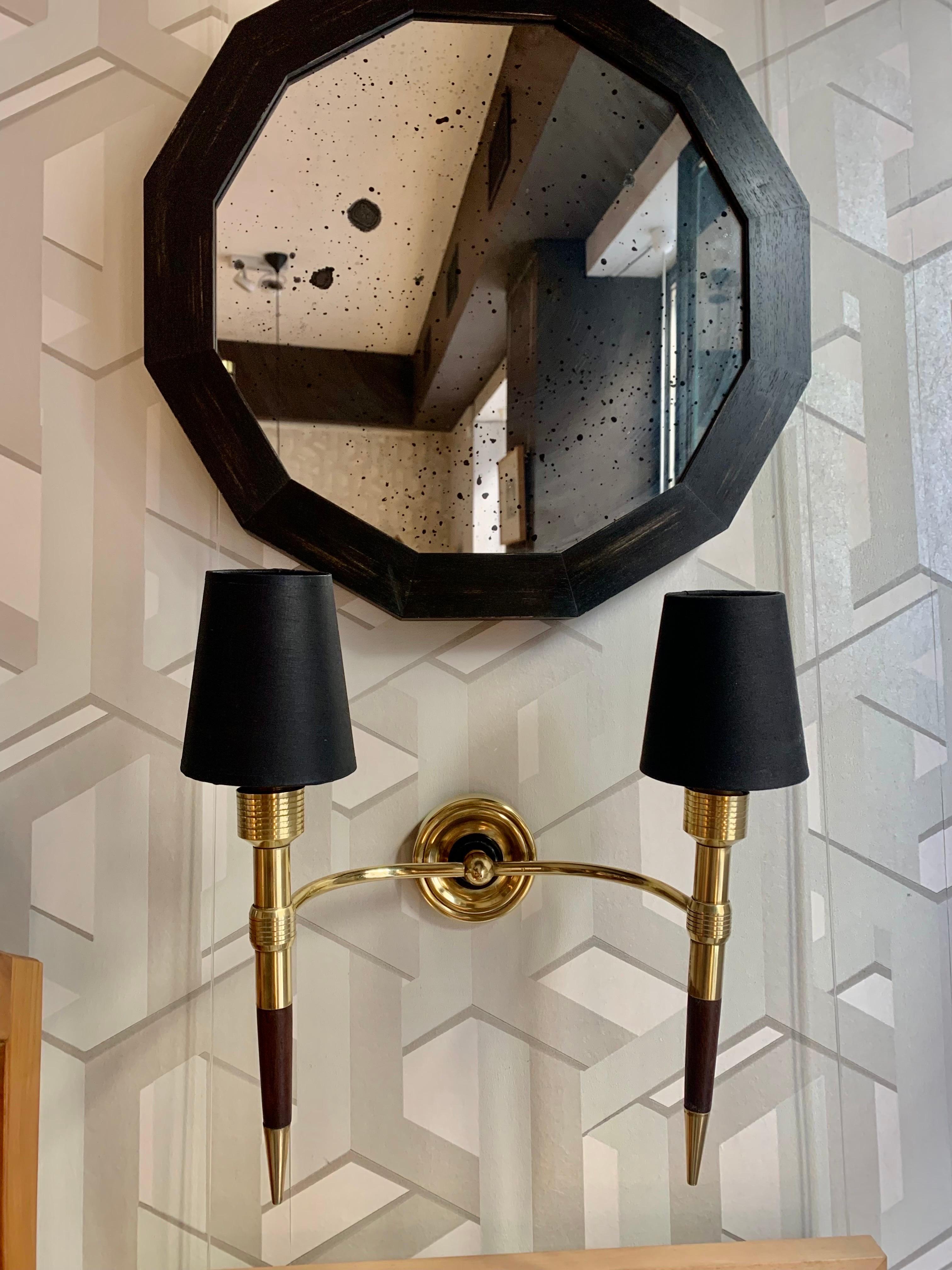Pair of French Sconces Maison Lancel Double Light Brass and Wood For Sale 3