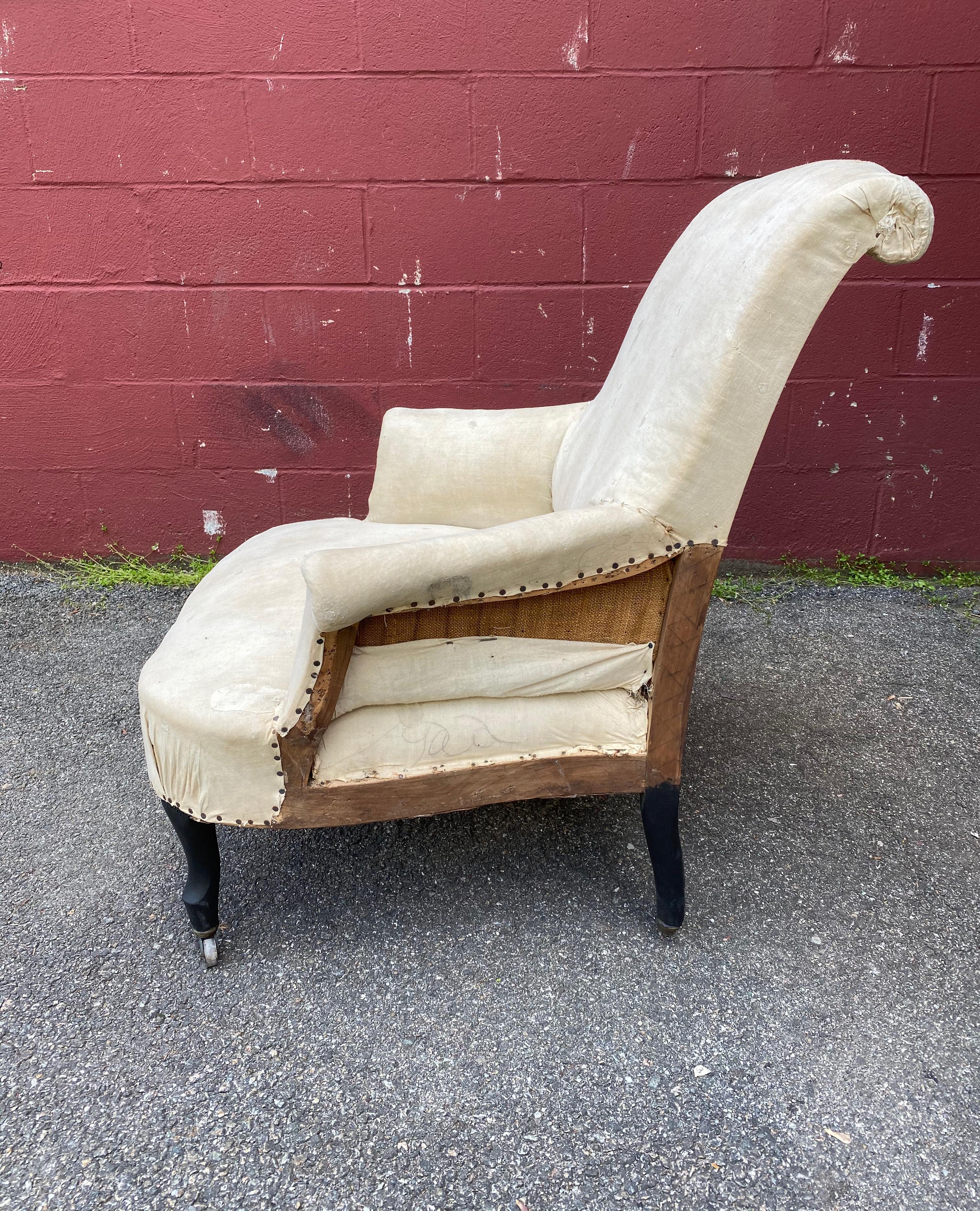 Fabric Pair of French Scrolled Back Armchairs