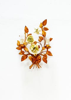 Pair of French Scrolling Foliate Wall Lights, Tole Gilt and Cream Roses