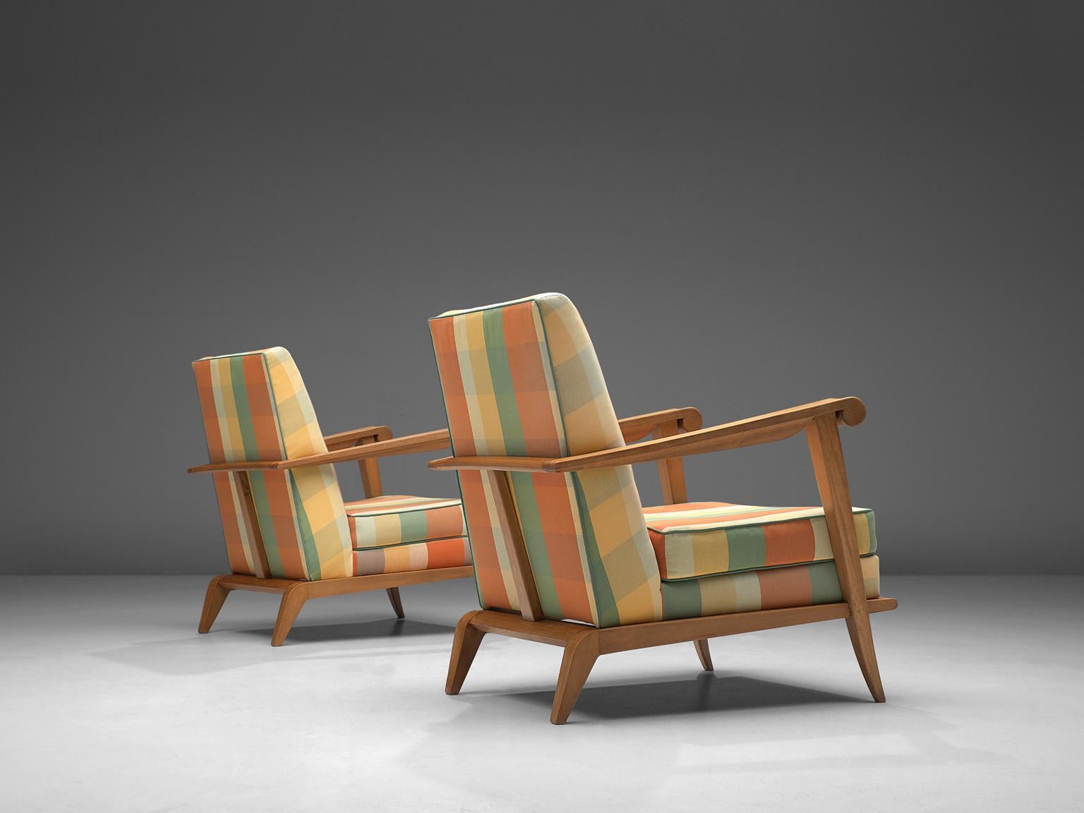 Mid-20th Century Pair of French Sculptural Lounge Chairs in Oak and Fabric