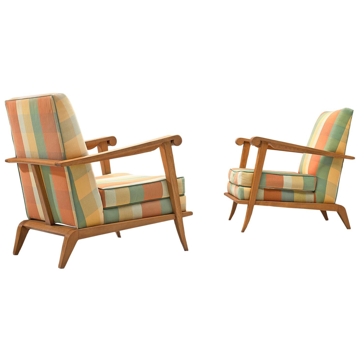 Pair of French Sculptural Lounge Chairs in Oak and Fabric