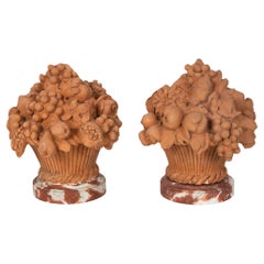 Pair of French Sculpture Baskets of Flowers and Fruit by Fernand Cian