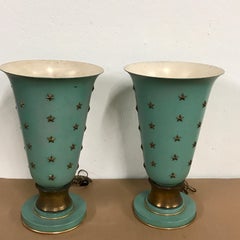 Pair of French Sea Blue & Star Motif Torchères, in the Style of Jacques Adnet