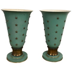Pair of French Sea Blue & Star Motif Torchères, in the Style of Jacques Adnet