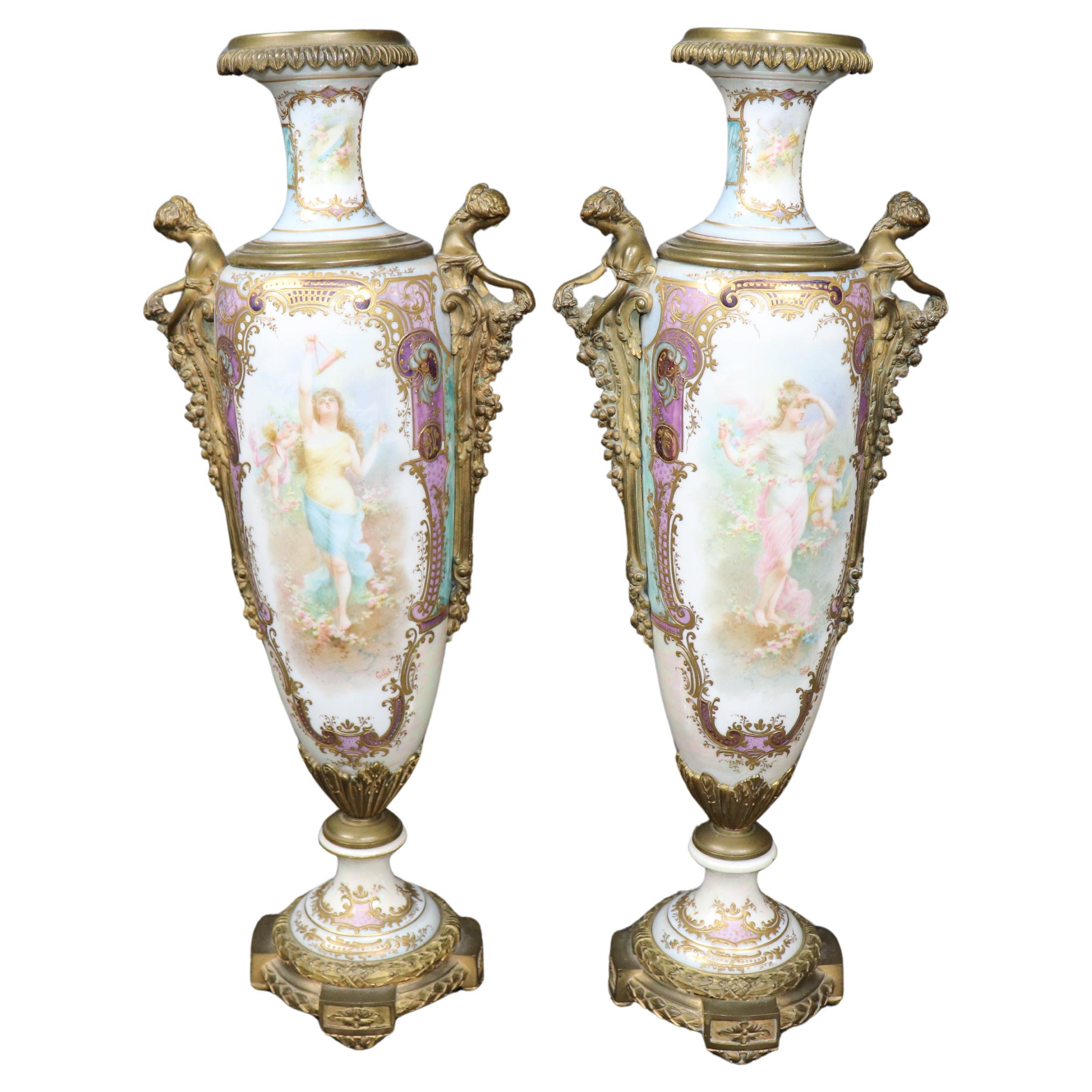 Pair of French Sevres 1870s era Neoclassical Scenes Vases Signed By Collot