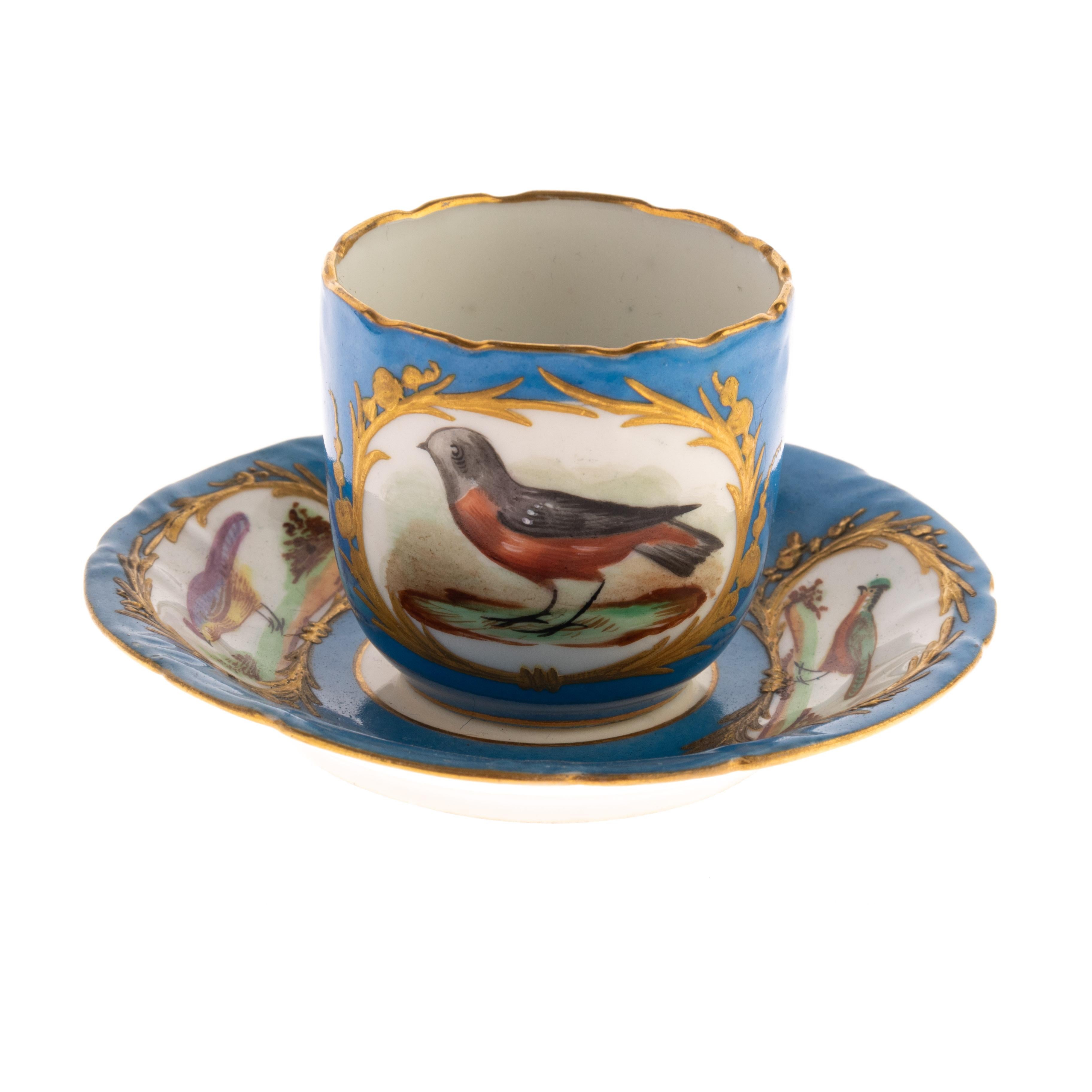 XIXe siècle Paire de tasses à thé à oiseaux exotiques en porcelaine de Sèvres Bleu Céleste en vente