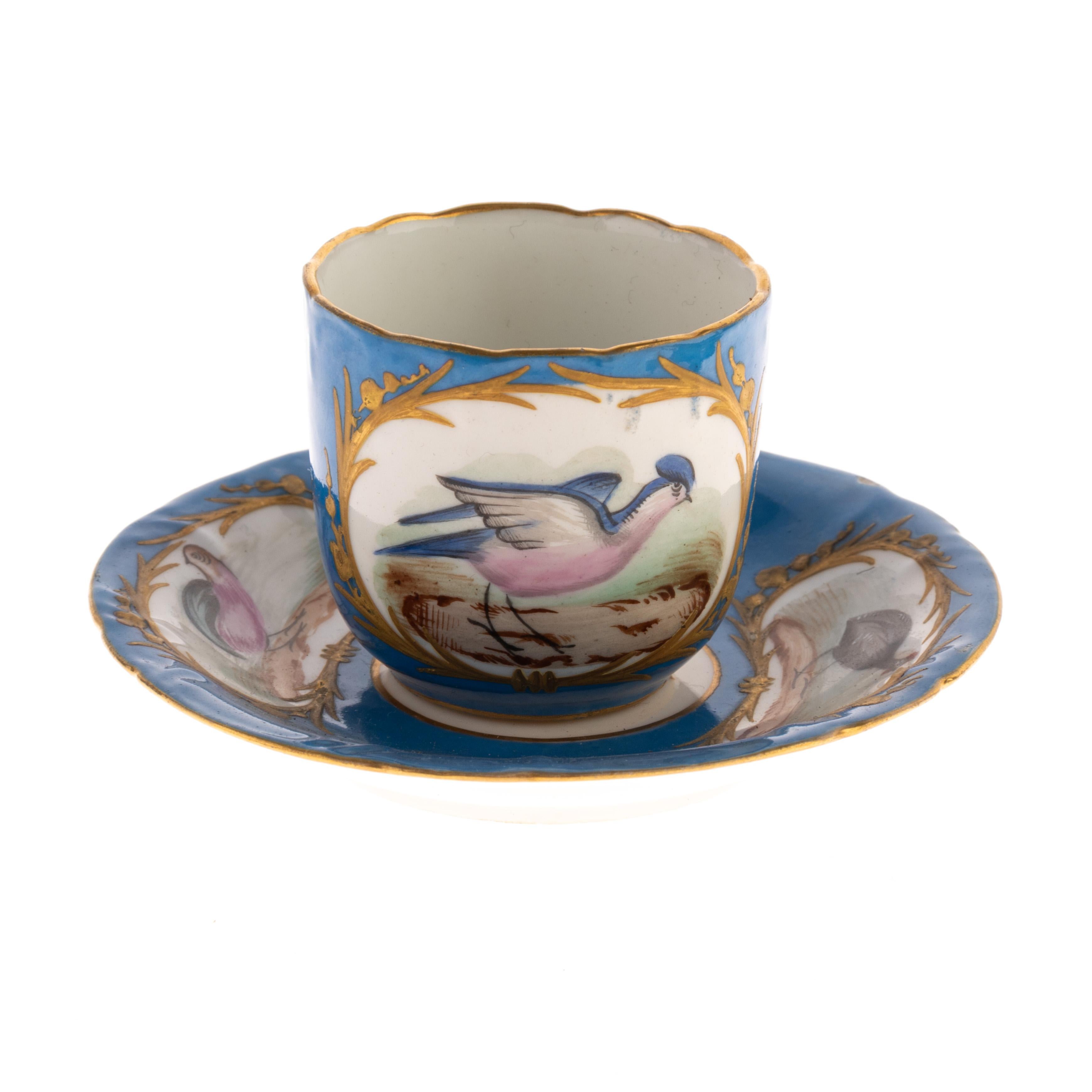 Porcelaine Paire de tasses à thé à oiseaux exotiques en porcelaine de Sèvres Bleu Céleste en vente