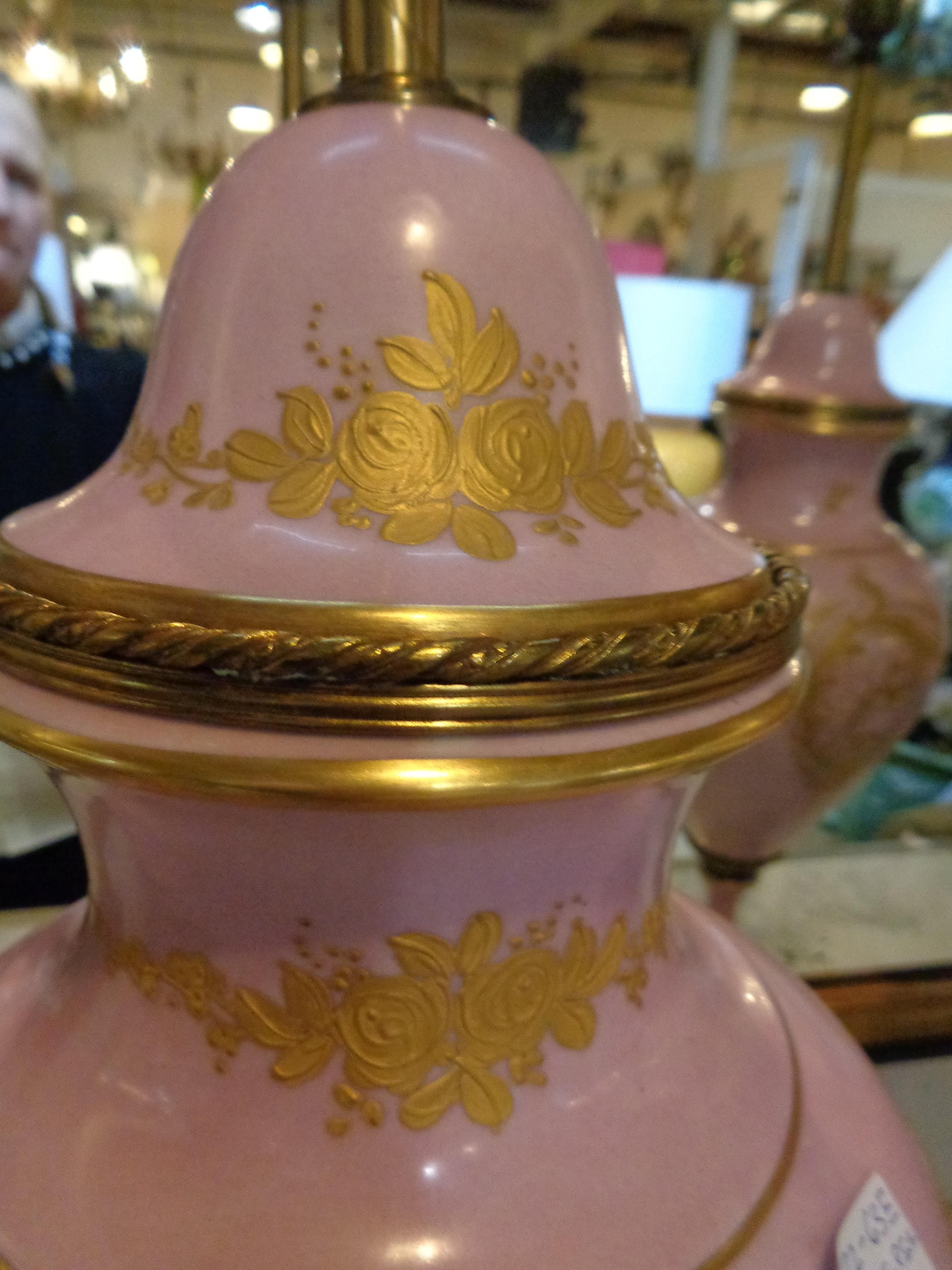 Pair of French Sevres Marked Monumental Pink Lidded Urn Table Lamps Signed 5