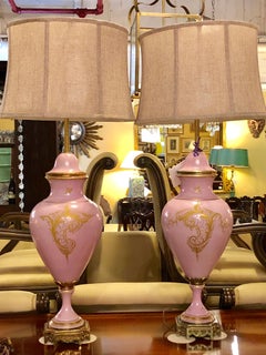 Pair of French Sevres Marked Monumental Pink Lidded Urn Table Lamps Signed