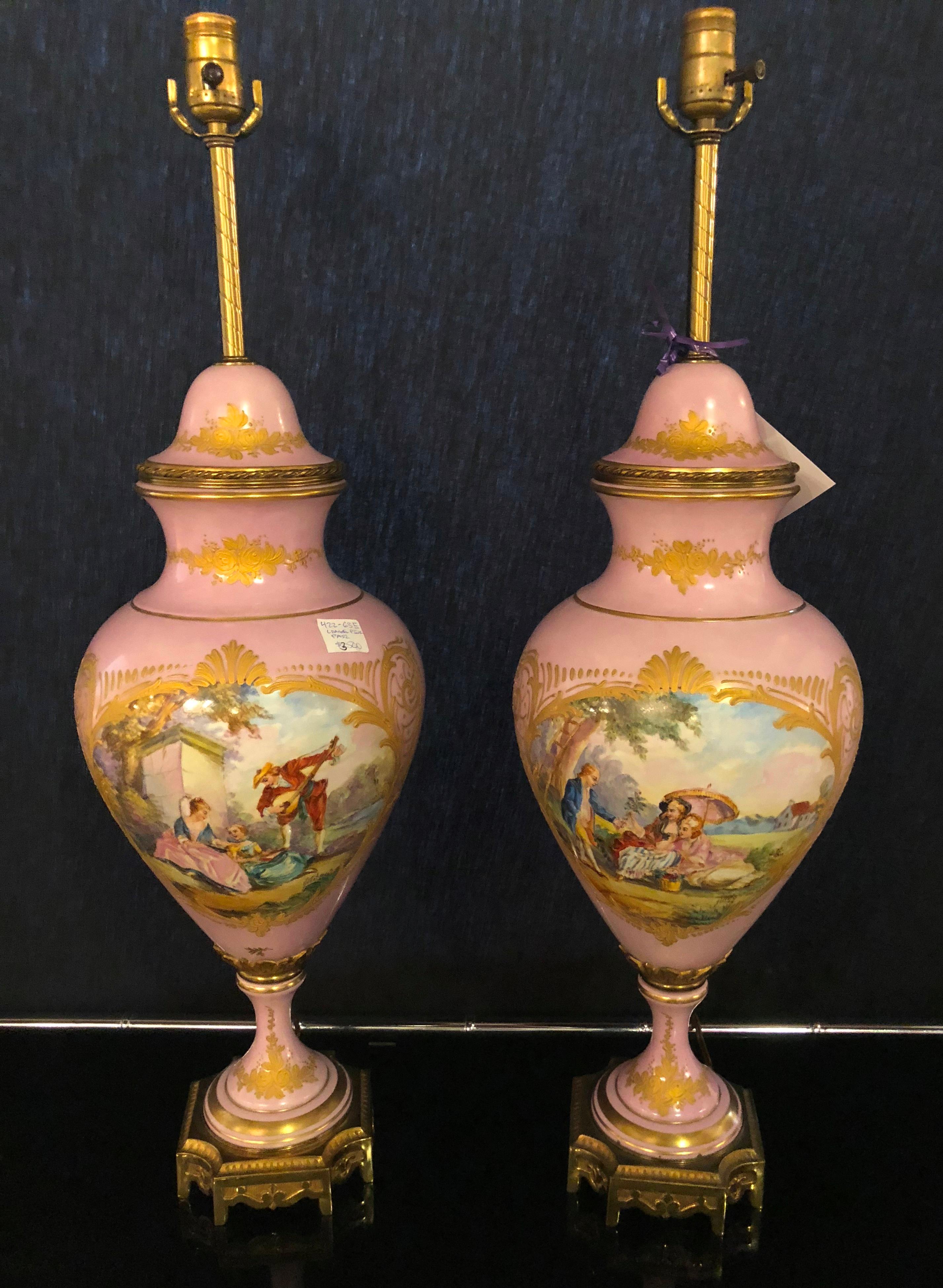 Belle Époque Pair of French Sevres Marked Monumental Pink Lidded Urn Table Lamps Signed