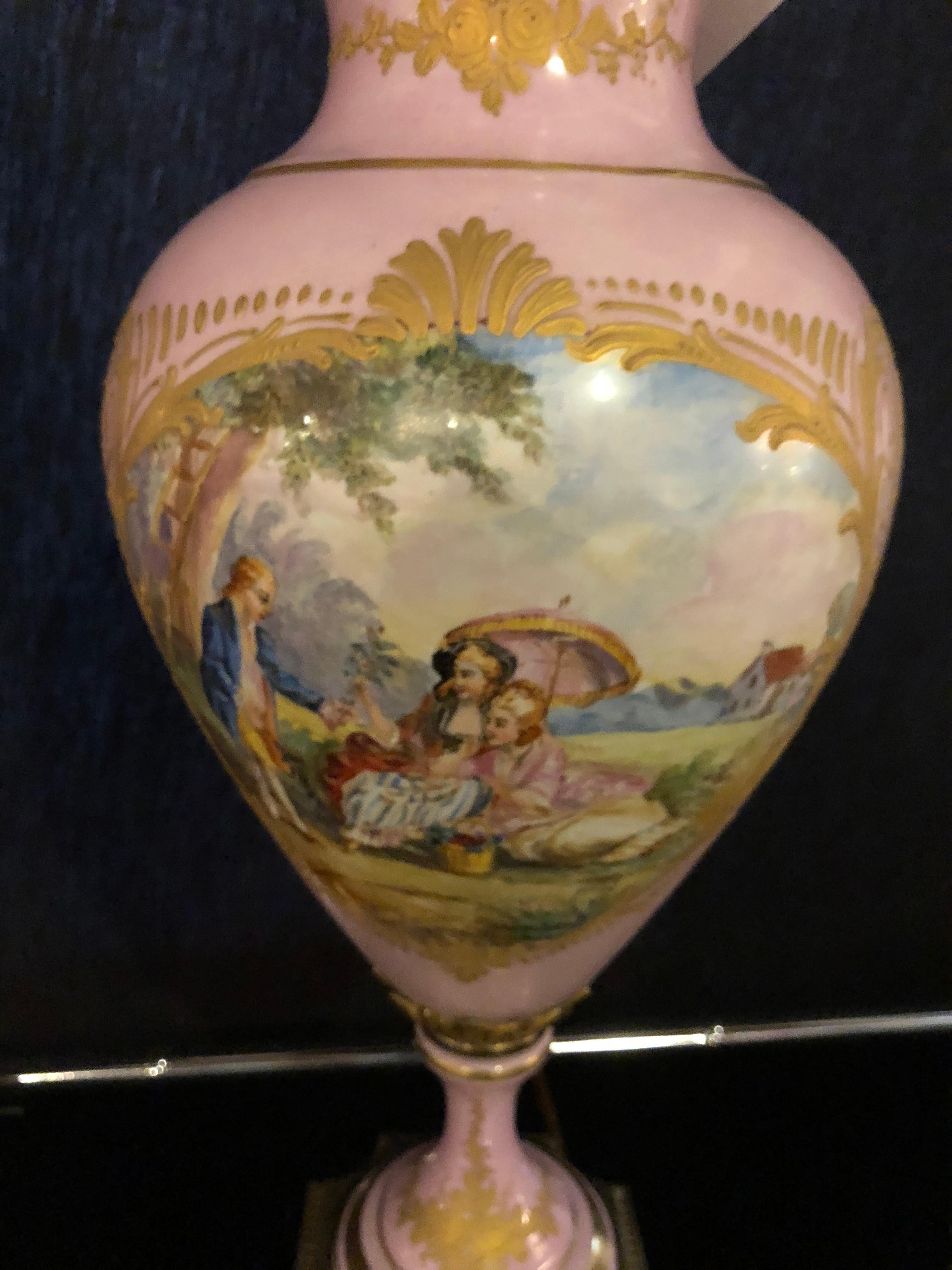 20th Century Pair of French Sevres Marked Monumental Pink Lidded Urn Table Lamps Signed