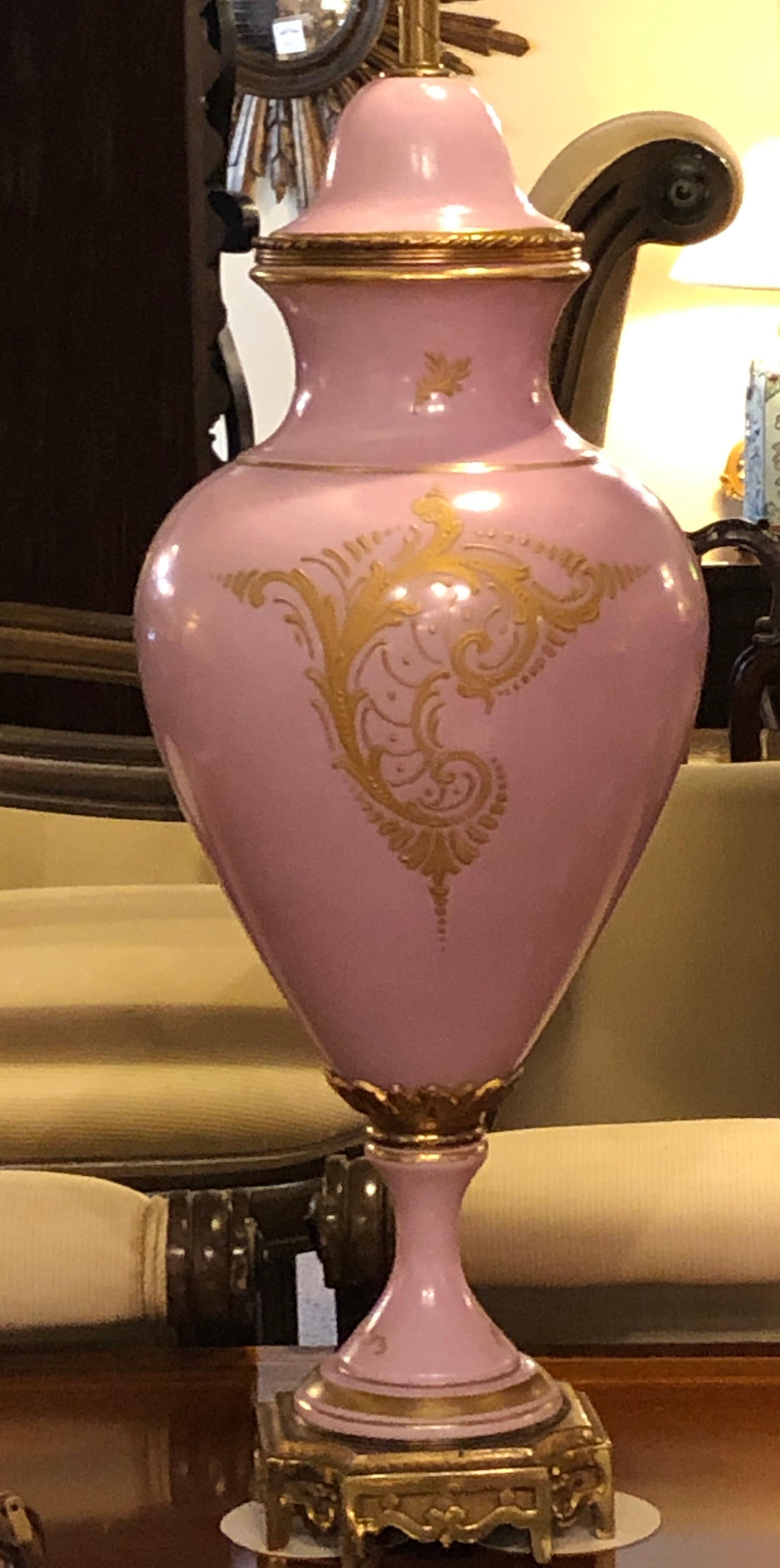 Pair of French Sevres Marked Monumental Pink Lidded Urn Table Lamps Signed 1