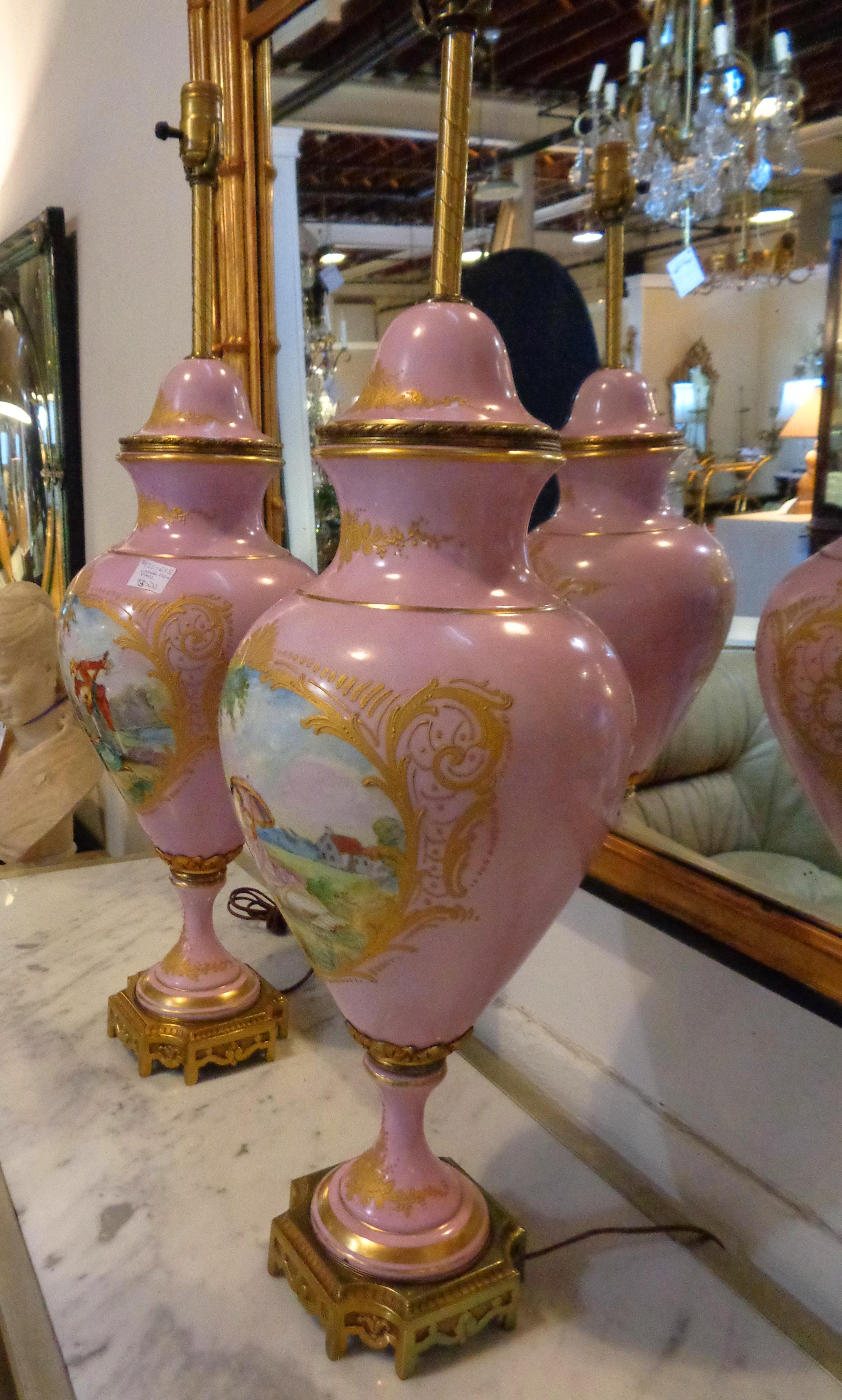 Pair of French Sevres Marked Monumental Pink Lidded Urn Table Lamps Signed 3