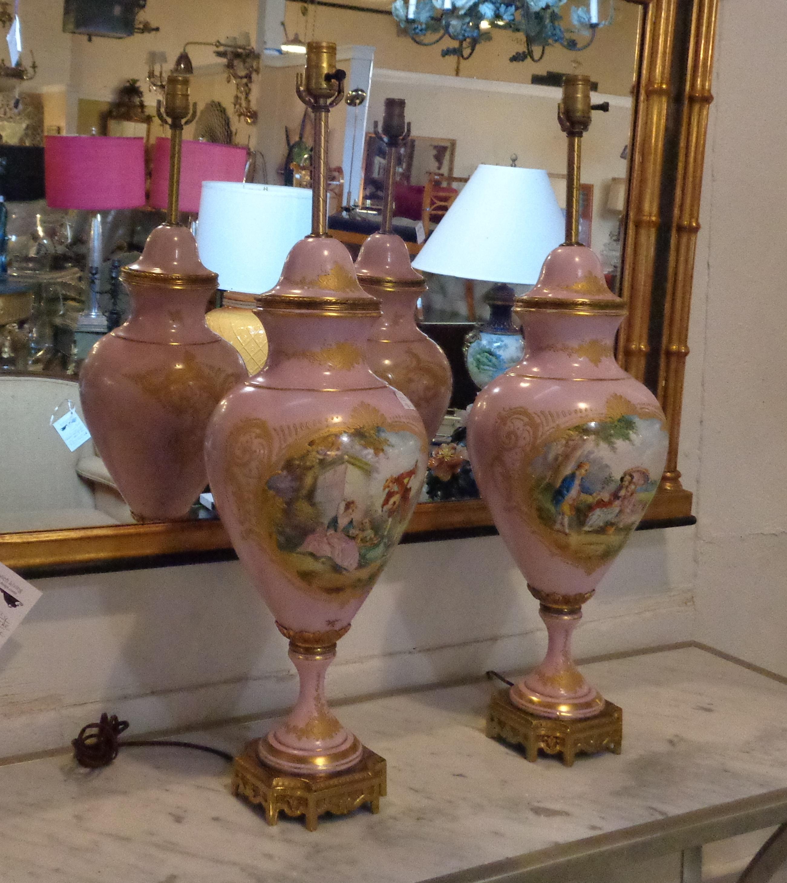 Pair of French Sevres Marked Monumental Pink Lidded Urn Table Lamps Signed 4