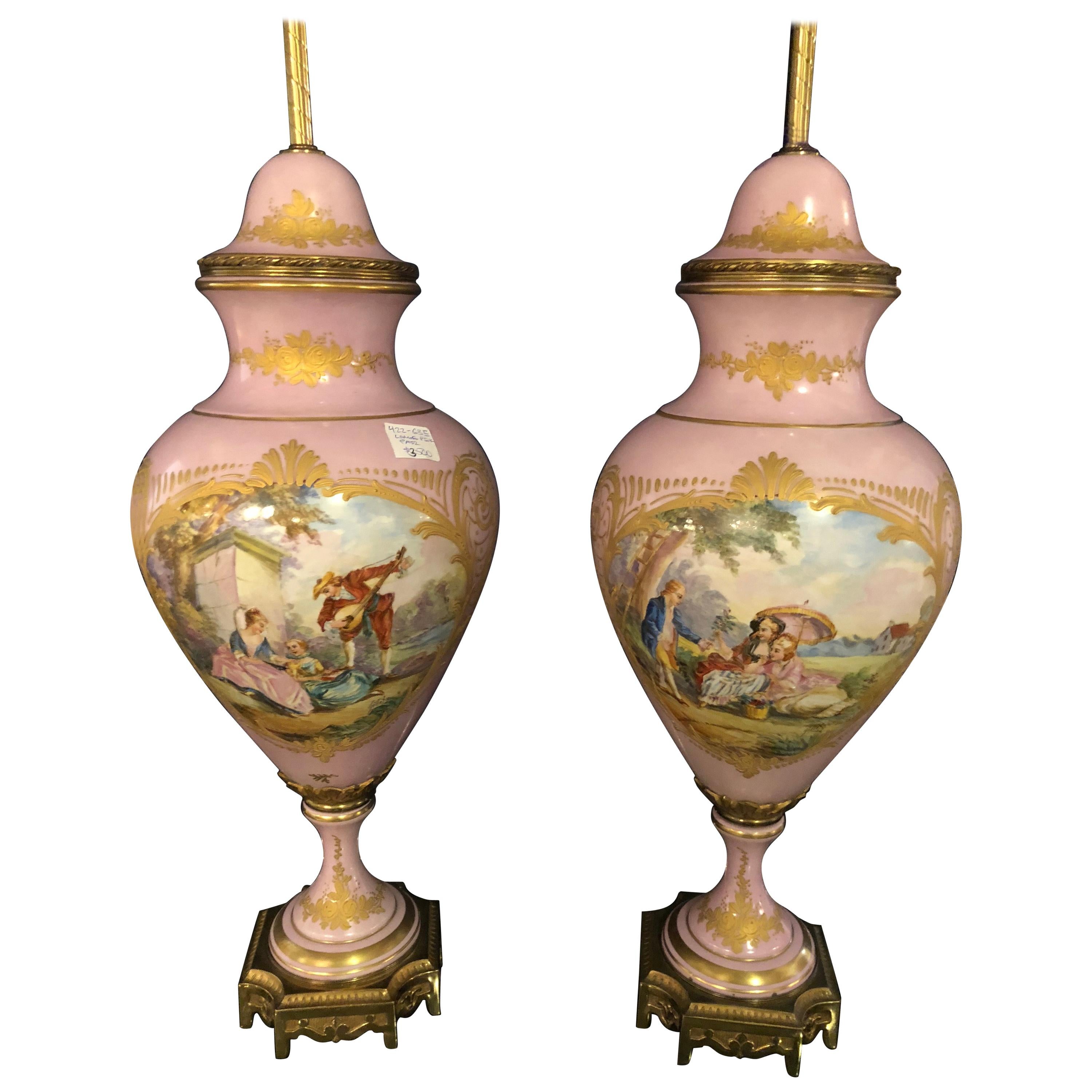 Pair of French Sevres Marked Monumental Pink Lidded Urn Table Lamps Signed