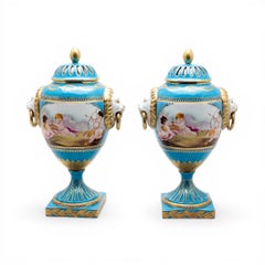 Pair of French Sevres Style Bleu Céleste Porcelain Covered Urns, Early 20th Cent
