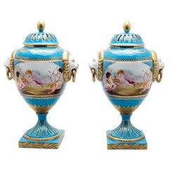 Pair of French Sevres Style Bleu Céleste Porcelain Covered Urns, Early 20th Cent