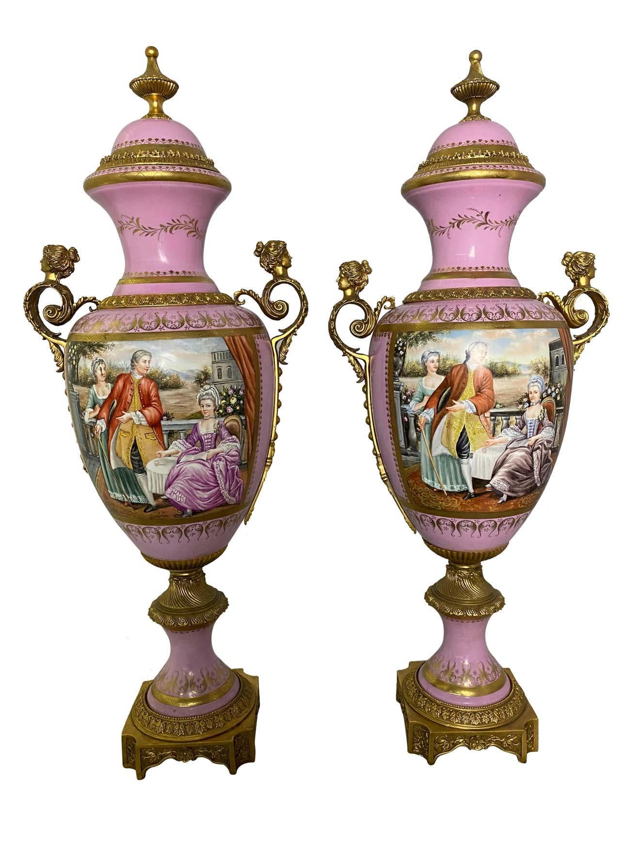 Hand-Painted Pair of French Sèvres Style Monumental Pink Vases, 20th Century For Sale
