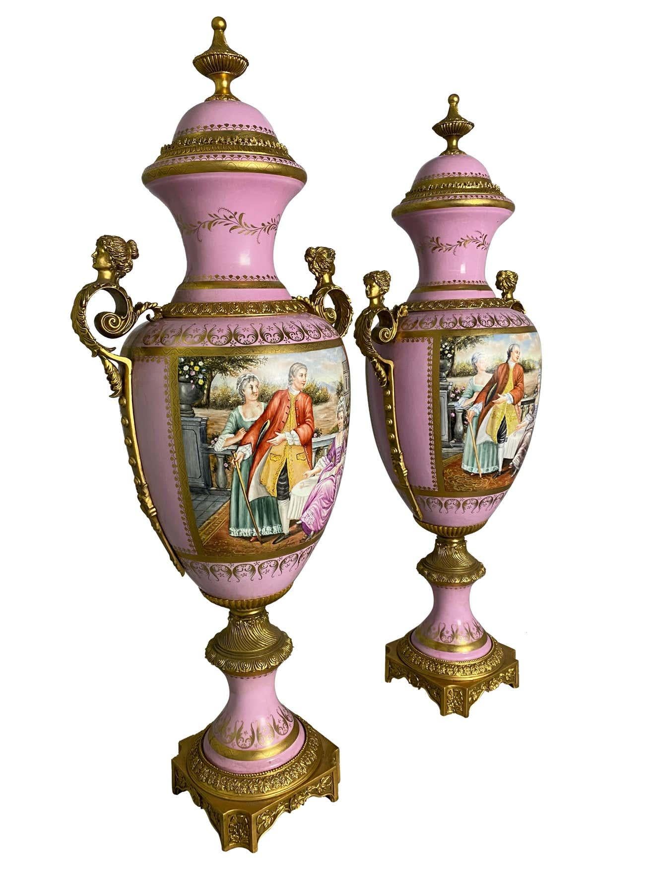 Porcelain Pair of French Sèvres Style Monumental Pink Vases, 20th Century For Sale