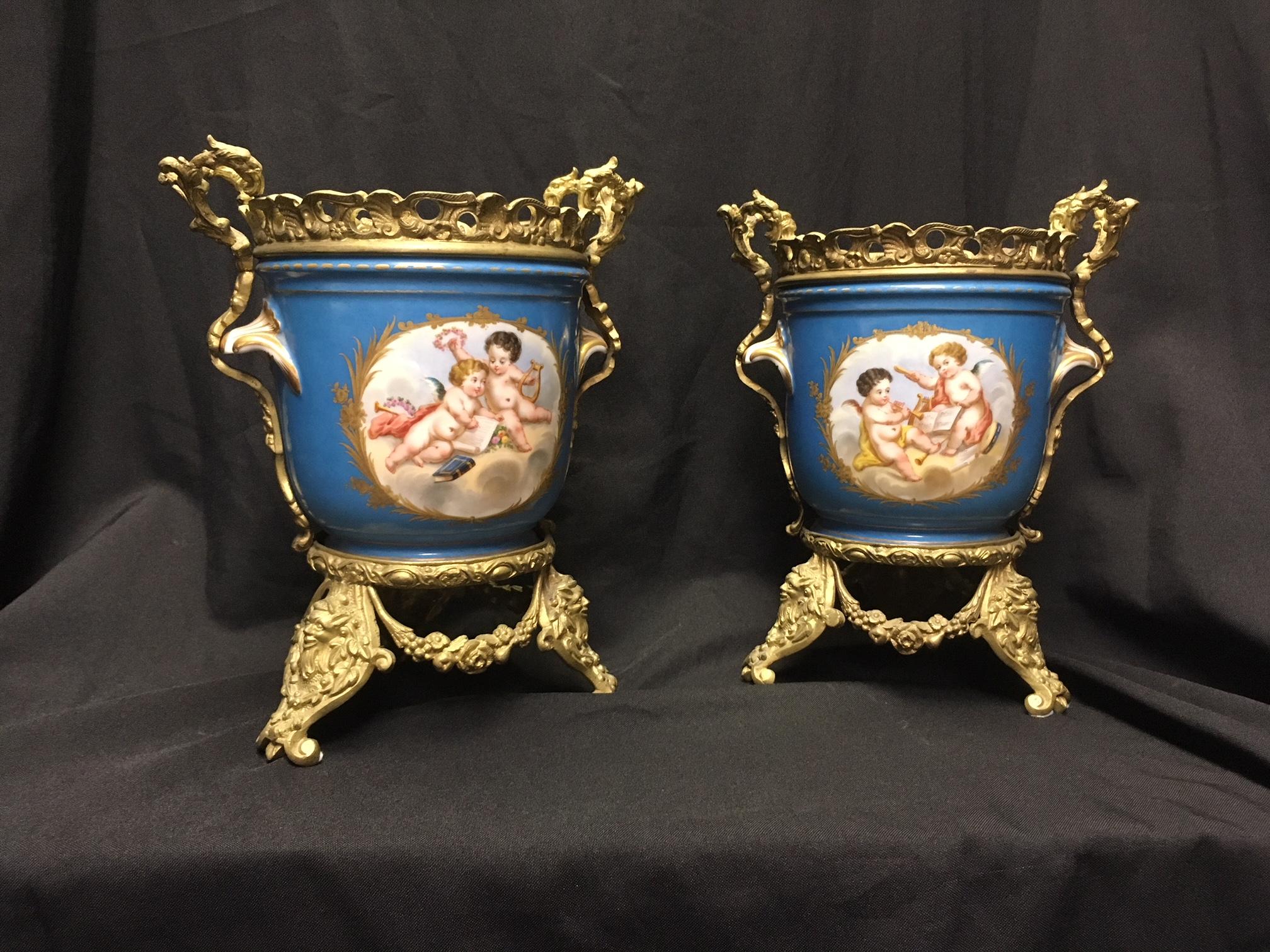 Louis XVI Pair of French Sevres Style Ormolu-Mounted Porcelain Planters
