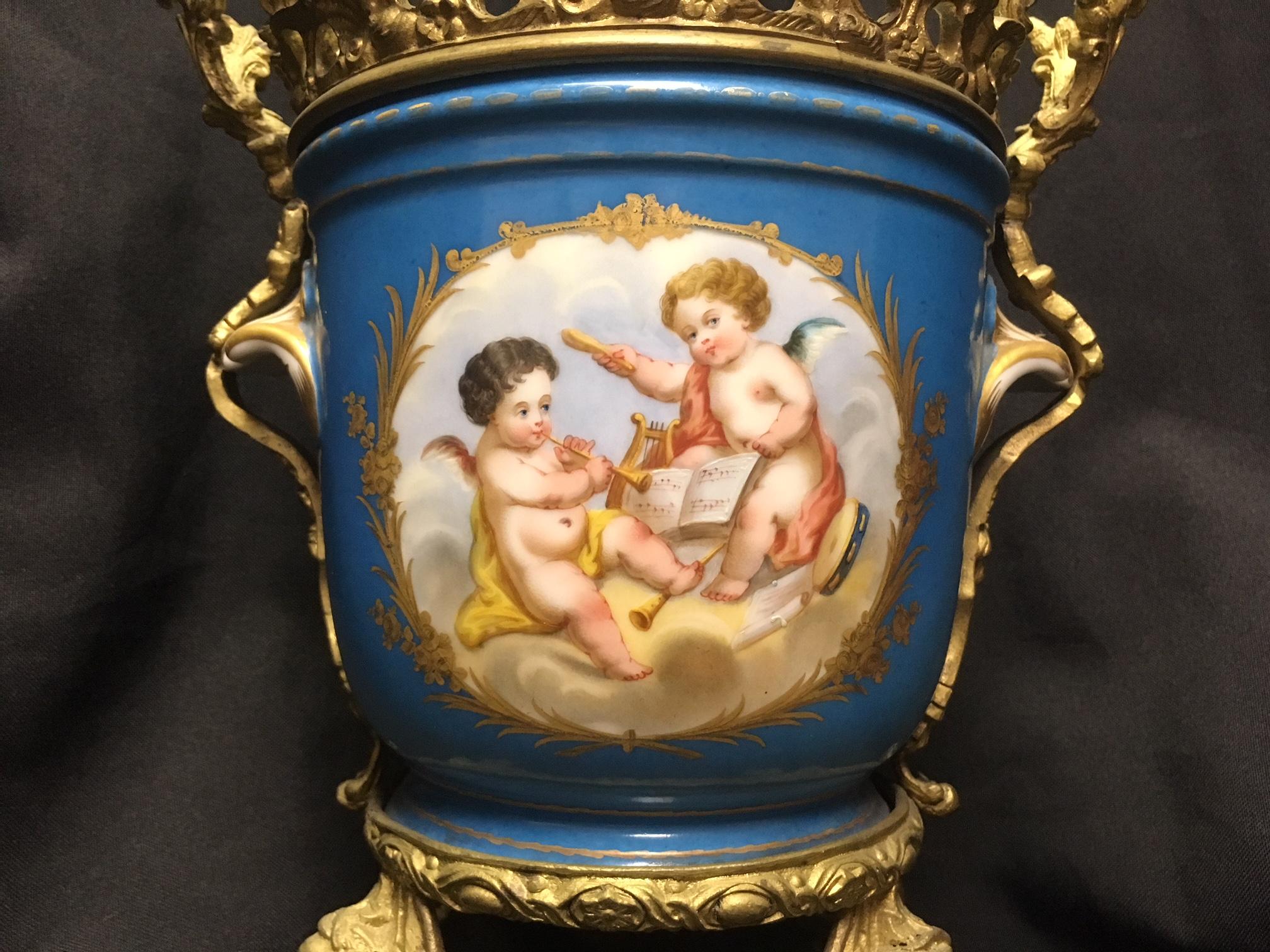 Gilt Pair of French Sevres Style Ormolu-Mounted Porcelain Planters