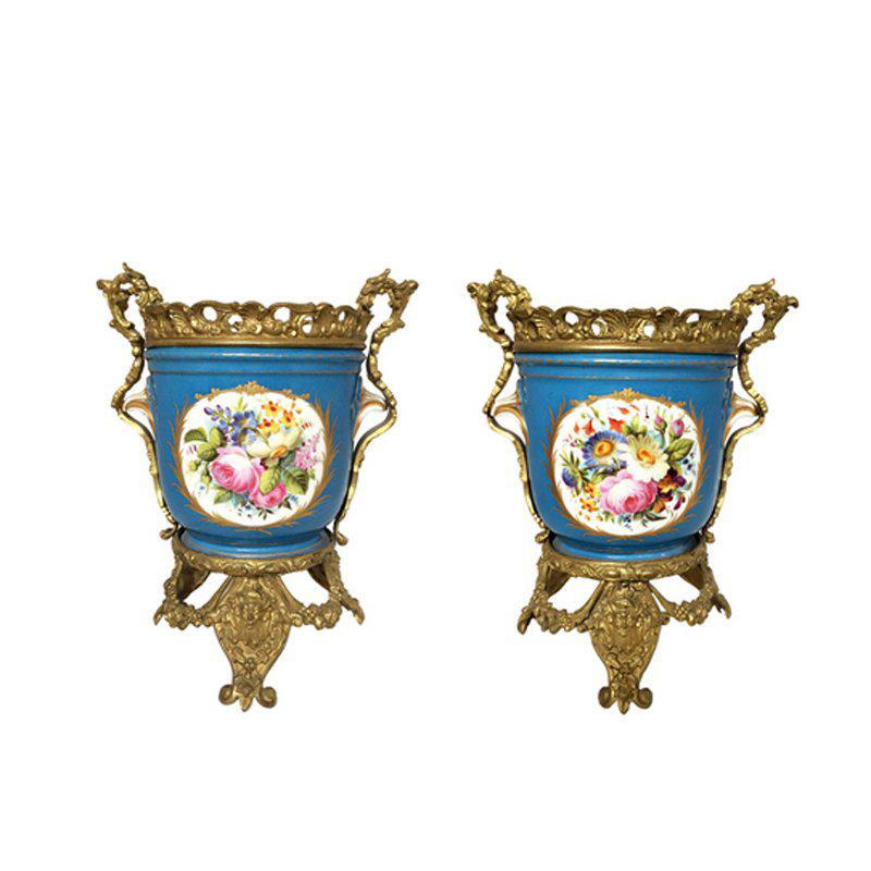 Pair of French Sevres Style Ormolu-Mounted Porcelain Planters