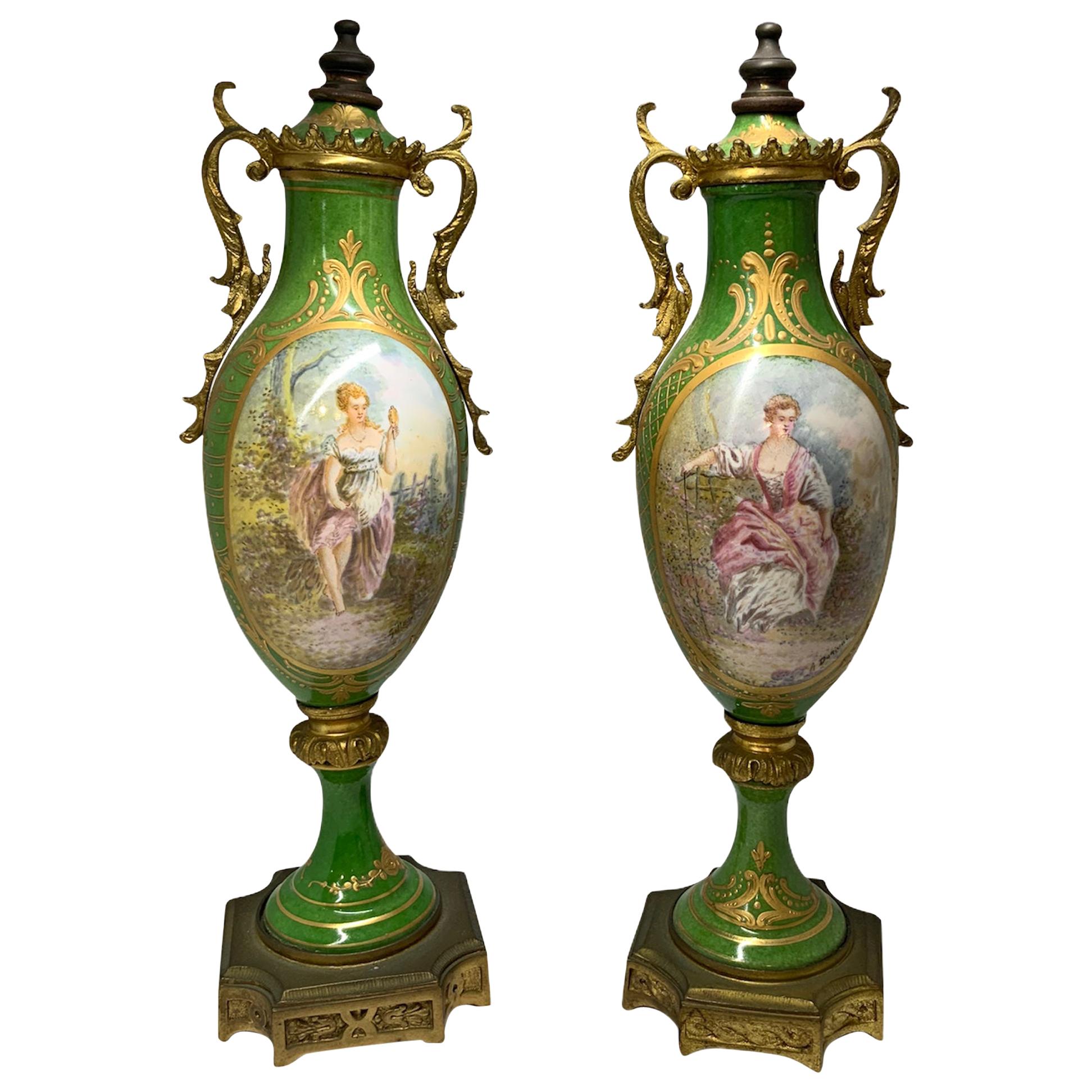 Pair of French Sevres Style Porcelain Bronze Mounted Urns Vases